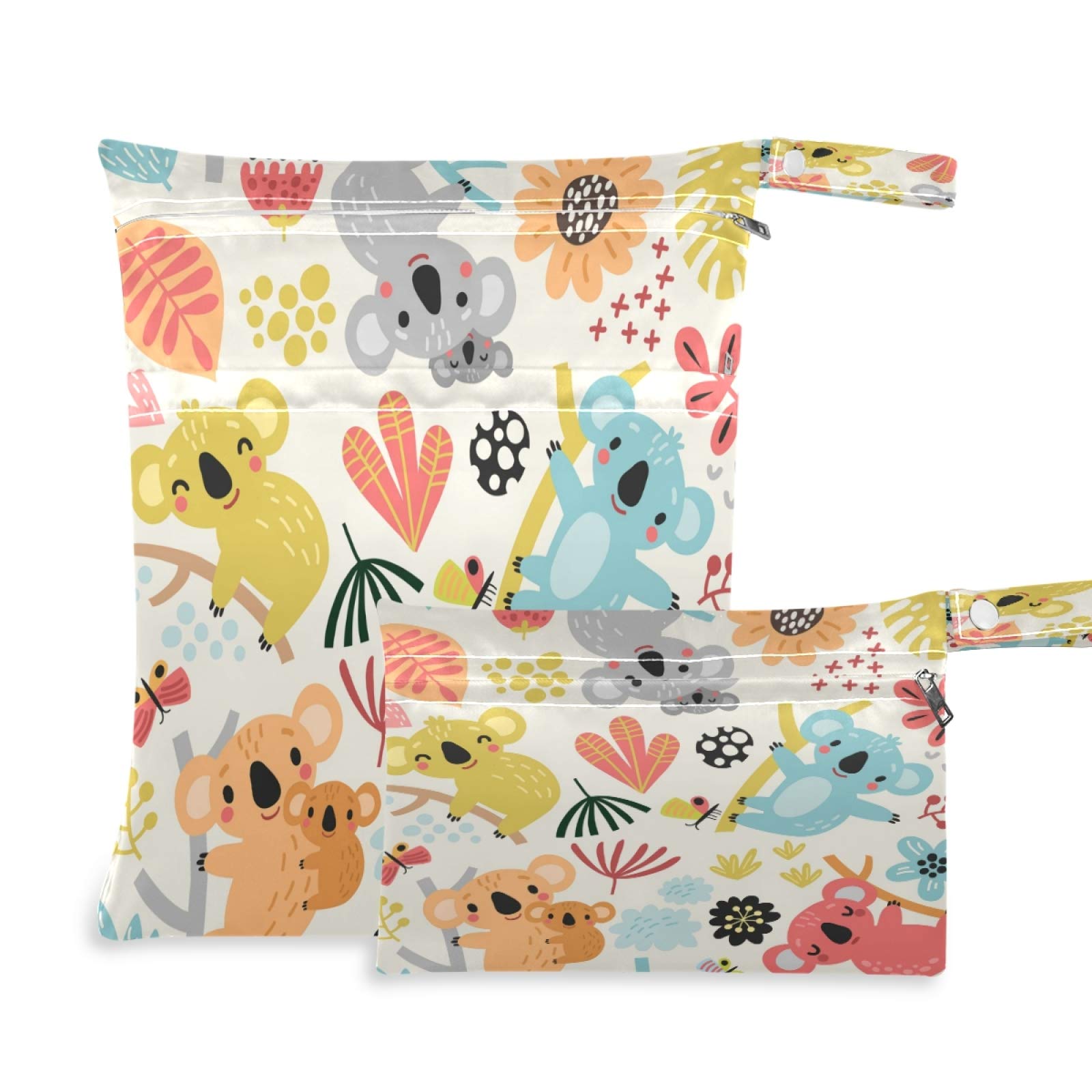 Blueangle Waterproof Wet Dry Bag 2 Pack - Cute Koala Pattern Reusable Storage Pouch for Diapers, Swimsuits & Travel - Ideal for Wet Clothes, Toiletries, Beach Trips & Baby Essentials