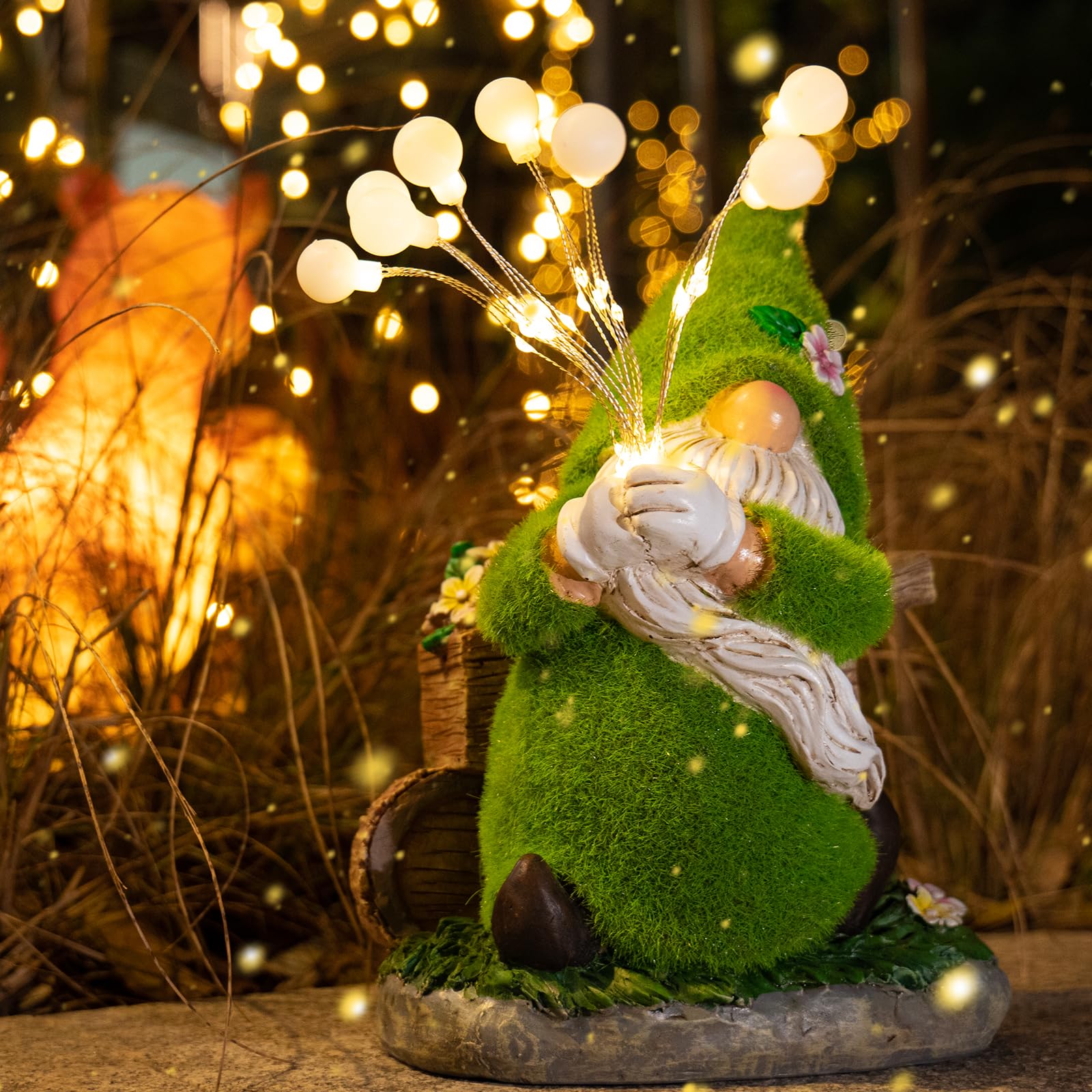 Solar Powered Garden Gnomes Statues - Funny Outdoor Fairy Firefly Lights, Resin Lawn Ornaments for Yard & Garden Decor - Perfect Gardening Gift for Patio, Backyard & Landscape Decoration