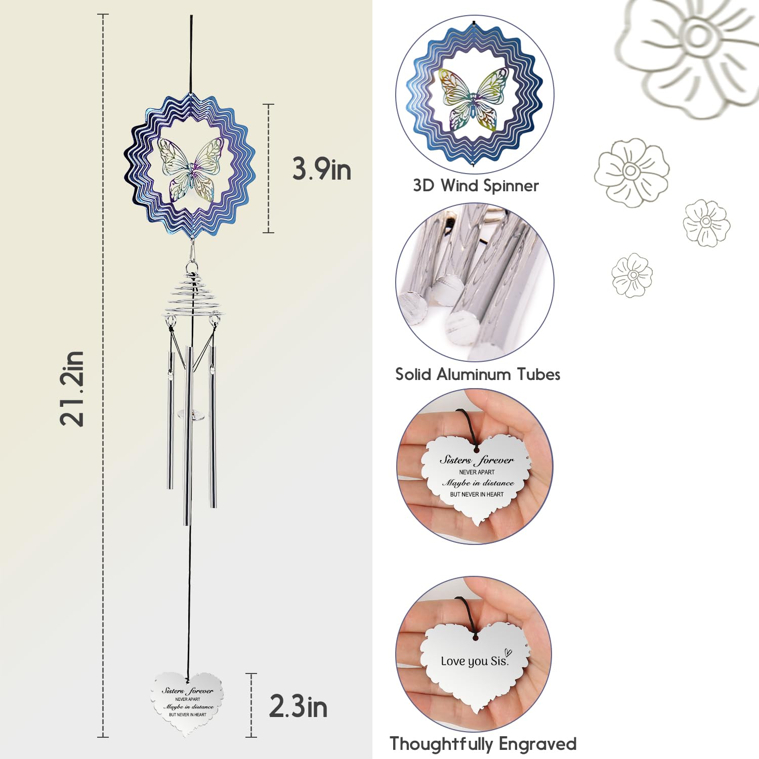 Butterfly Wind Chime for Sister - Unique Birthday Gift for Women, Thoughtful Sister Present - Perfect for Outdoor Garden, Patio, or Home Decor
