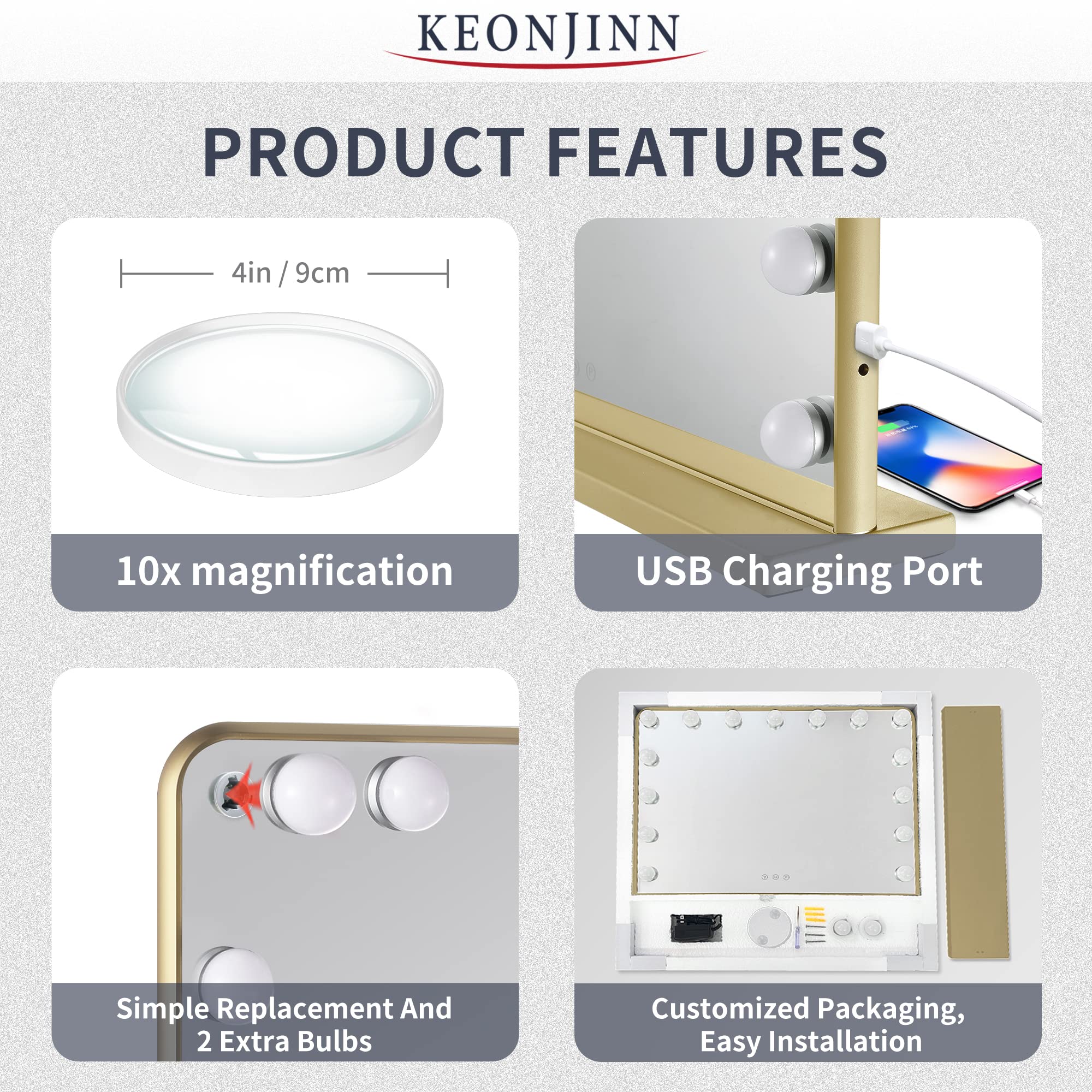 Keonjinn 15-LED Hollywood Makeup Mirror with 3 Color Lights & USB Charging - 23