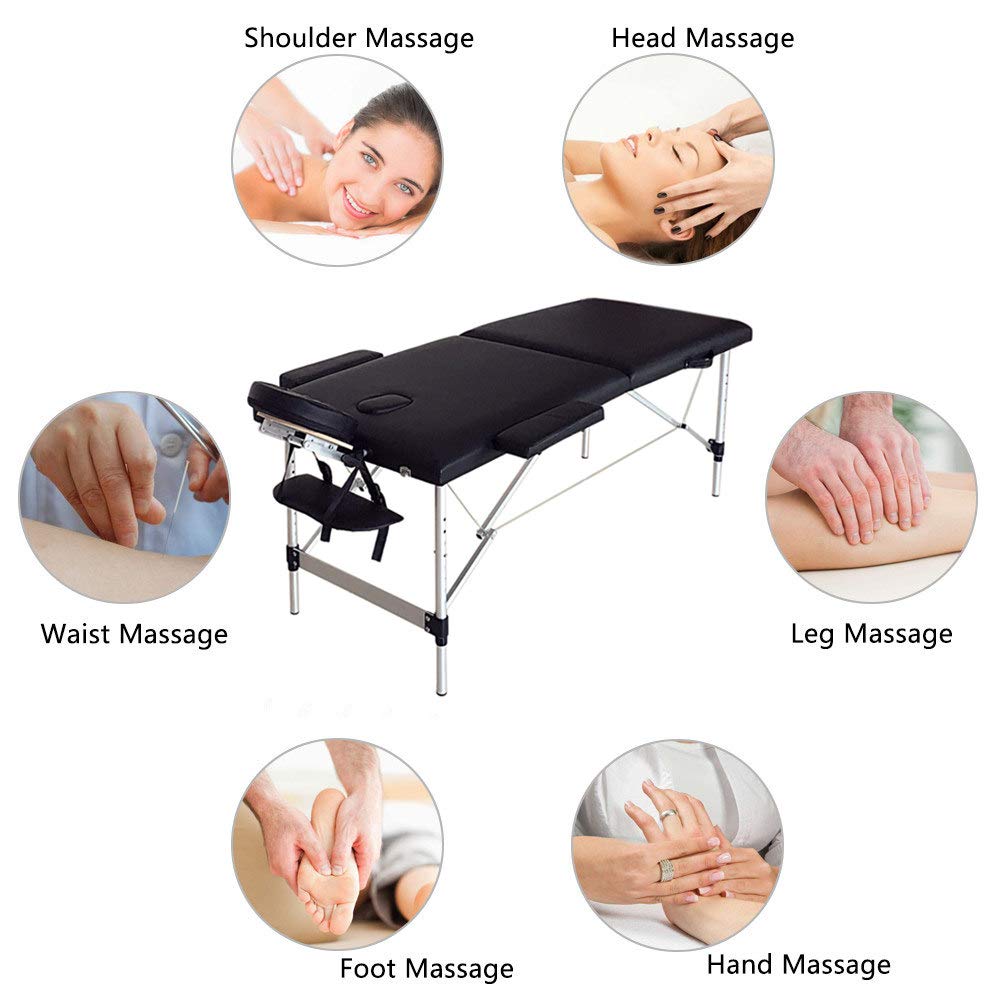 Portable Folding Massage Table - Adjustable Height Professional Massage Bed with Aluminum Alloy Frame for Facial, Tattoo & Spa Treatments - Perfect for Salon, Home Use & Mobile Therapists - Black