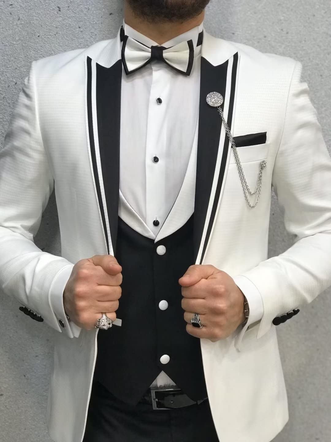 HUUTOE Men's 3 Piece Slim Fit Tuxedo Suit - One Button Blazer, Vest & Pants with Tie | Wedding, Prom, Formal Dinner & Business Attire
