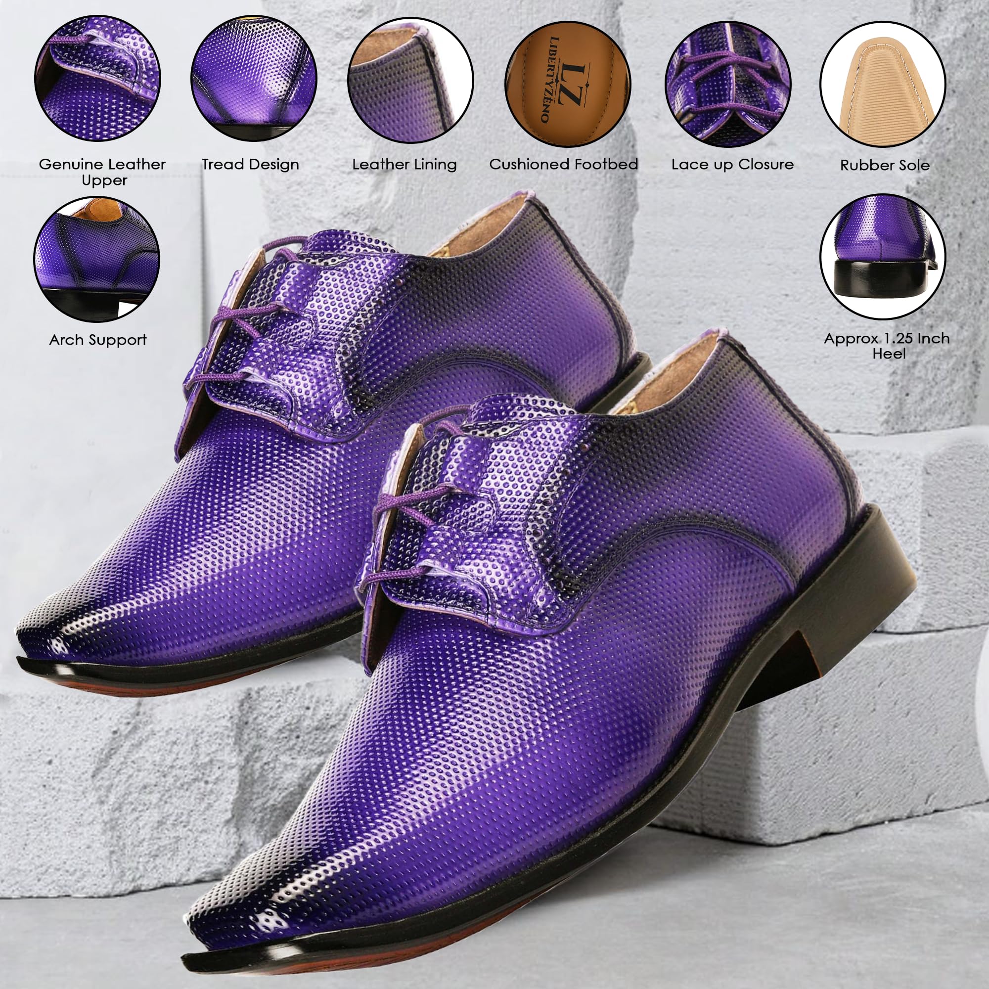 LIBERTYZENO Men's Genuine Leather Dress Shoes - Oxford Slip On & Lace Up Style in Plain & Animal Print Purple - Formal Prom Shoes for Easter Gifts | Perfect for Weddings, Office Wear & Special Occasions