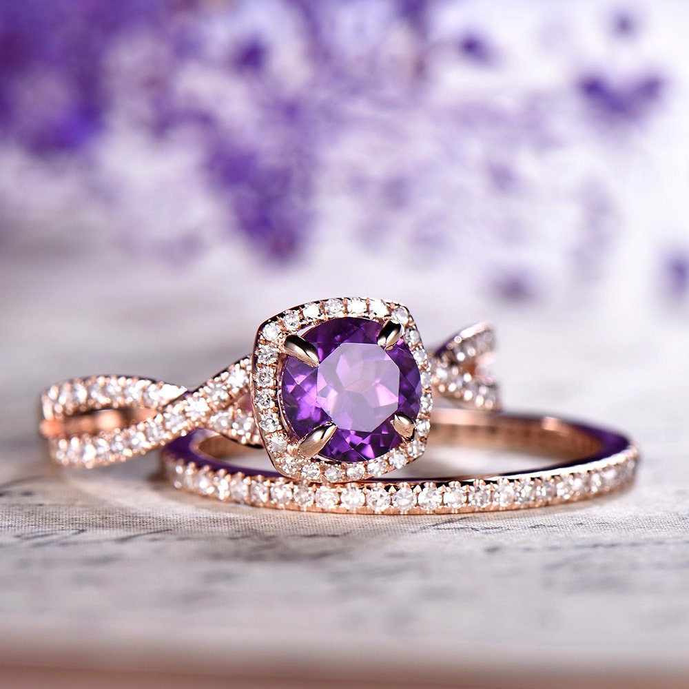 14K Rose Gold Amethyst Engagement Ring Set with Pave Diamonds - Thin Twisted Matching Wedding Band & Full Eternity Ring for Anniversary, Proposal & Special Occasions