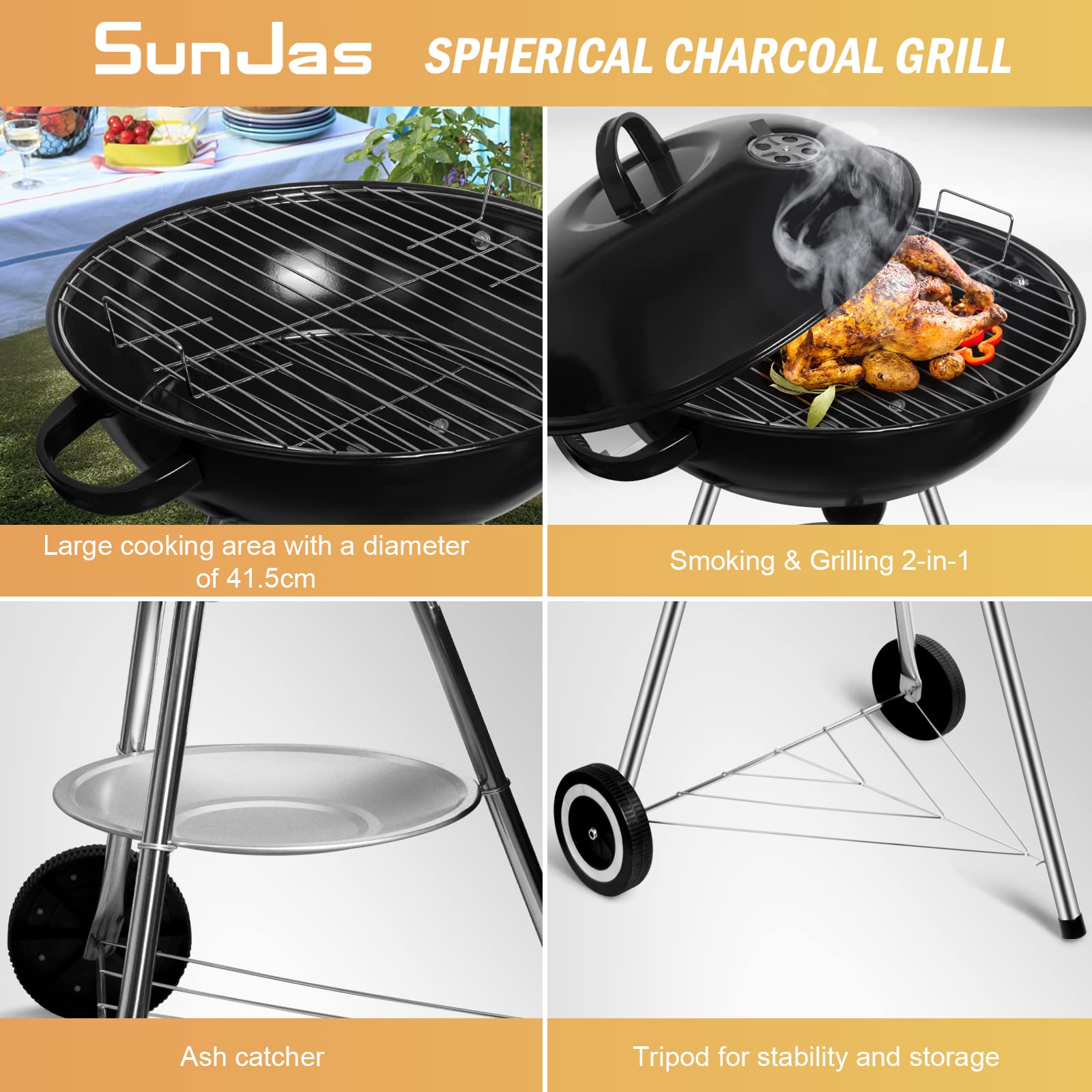 SunJas 22-Inch Round Charcoal BBQ Grill - Portable Outdoor Garden Grill with Lid & 2 Wheels (46x44x70cm) - Perfect for Backyard, Camping, and Picnic Barbecues