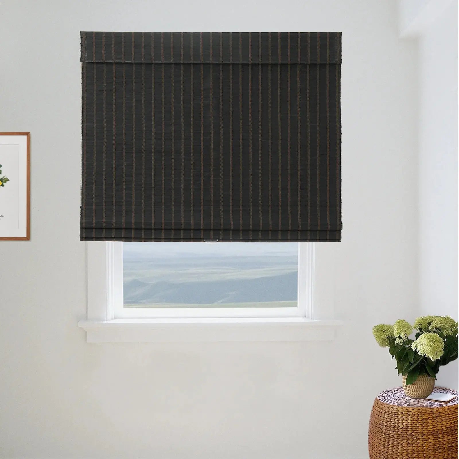 Sybil Bamboo Roman Shade - Black Coffee Window Treatment for Living Room & Bedroom | Eco-Friendly Natural Wood Blinds for Home Decor