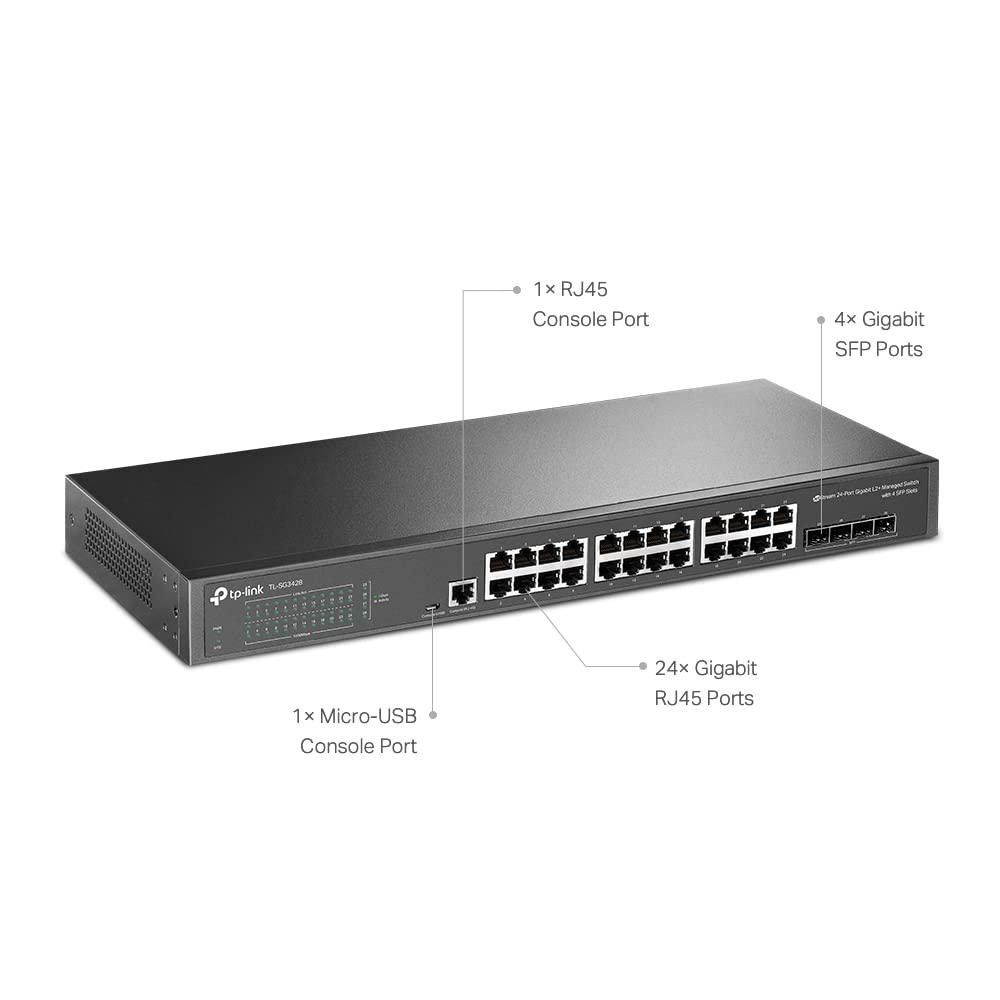 TP-Link JetStream 24-Port Gigabit L2+ Managed Switch with 4 SFP Slots (TL-SG3428) - SDN Integrated, Static Routing, Cloud Access & Omada App, Limited Lifetime Protection | High-Speed Network Switch for Business, Office & Data Center | Reliable Networking Solution for Seamless Connectivity
