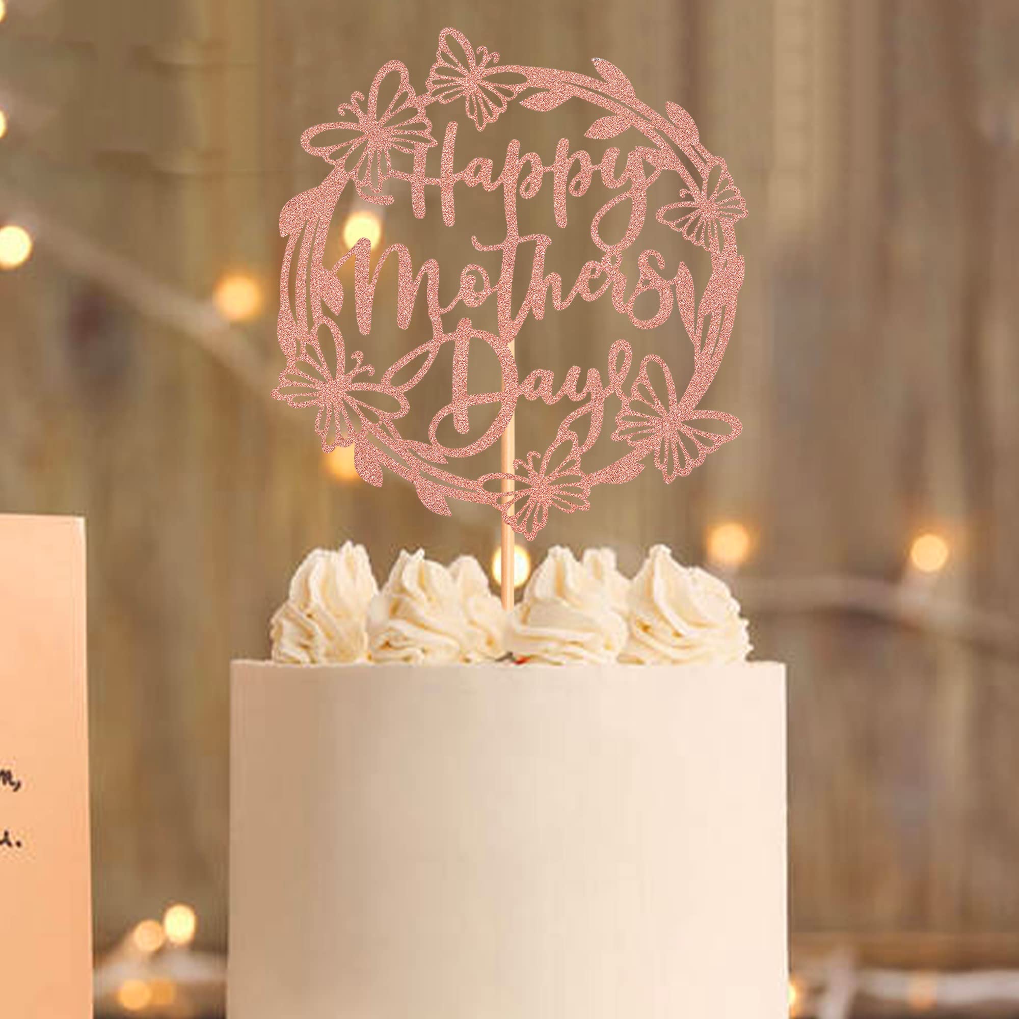 Happy Mother's Day Cake Topper - Glitter Letter Mom Cake Decoration with Rose Gold Butterfly for Birthday Party, Wedding, Baby Shower & Special Celebrations