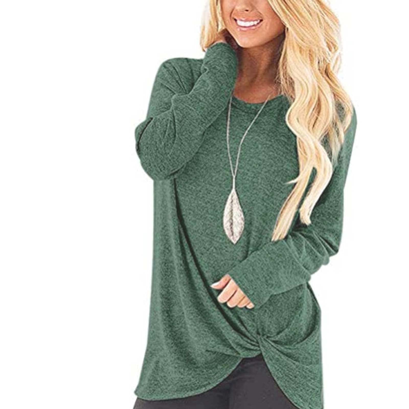 ZEFOTIM Women's Long Sleeve T-Shirt - Summer Trendy Plain Tie Knot Top, Basic O-Neck Pullover Tee for Casual Wear, Office & Date Night Outfits