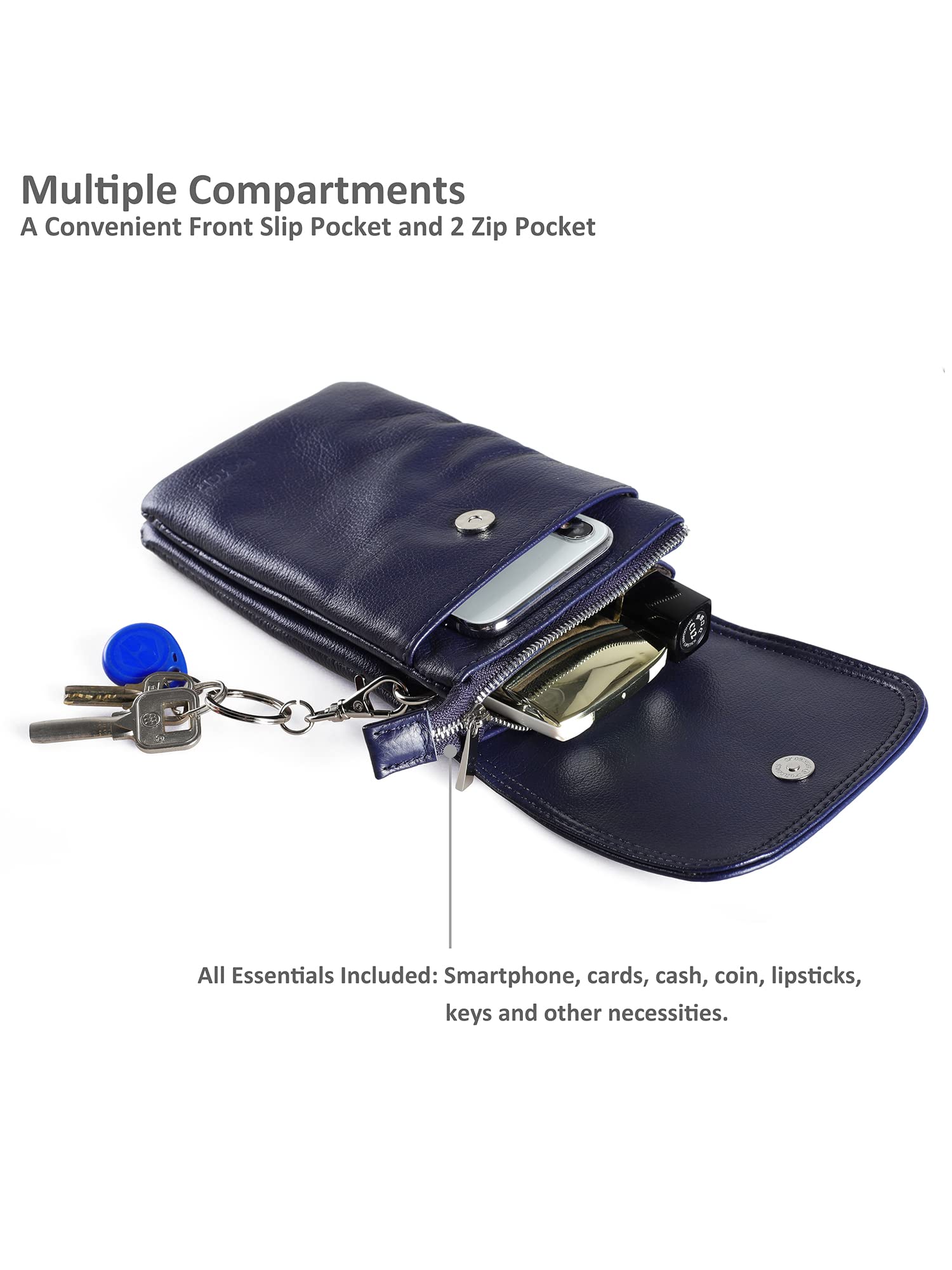 Befen Genuine Leather Crossbody Phone Purse for Women - Real Leather Small Phone Bag with Adjustable Long Strap & Key Ring - Fits iPhone 8 Plus & Phones Under 6.5
