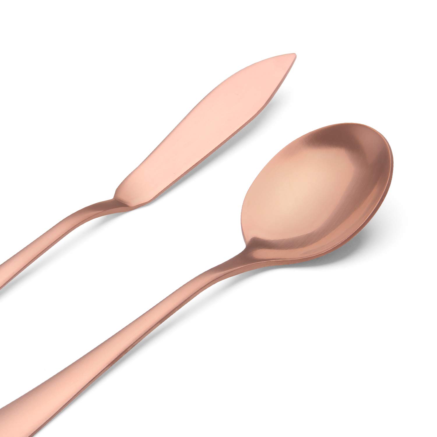 SHARECOOK Matte Rose Gold 5-Piece Stainless Steel Serving Set - 18/0 Hostess Utensils with Round Edge & Satin Finish (Spoons, Forks, Butter Knife & Slotted Spoon) | Dishwasher Safe | Perfect for Dinner Parties, Buffets & Elegant Table Settings