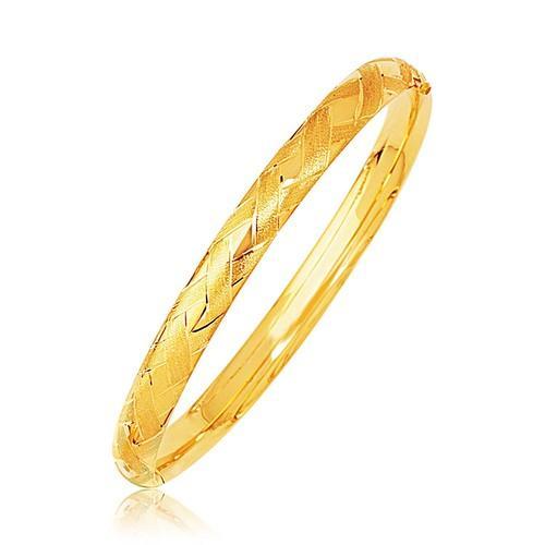 14K Yellow Gold Domed Bangle Bracelet with Intricate Weave Design - Size 7