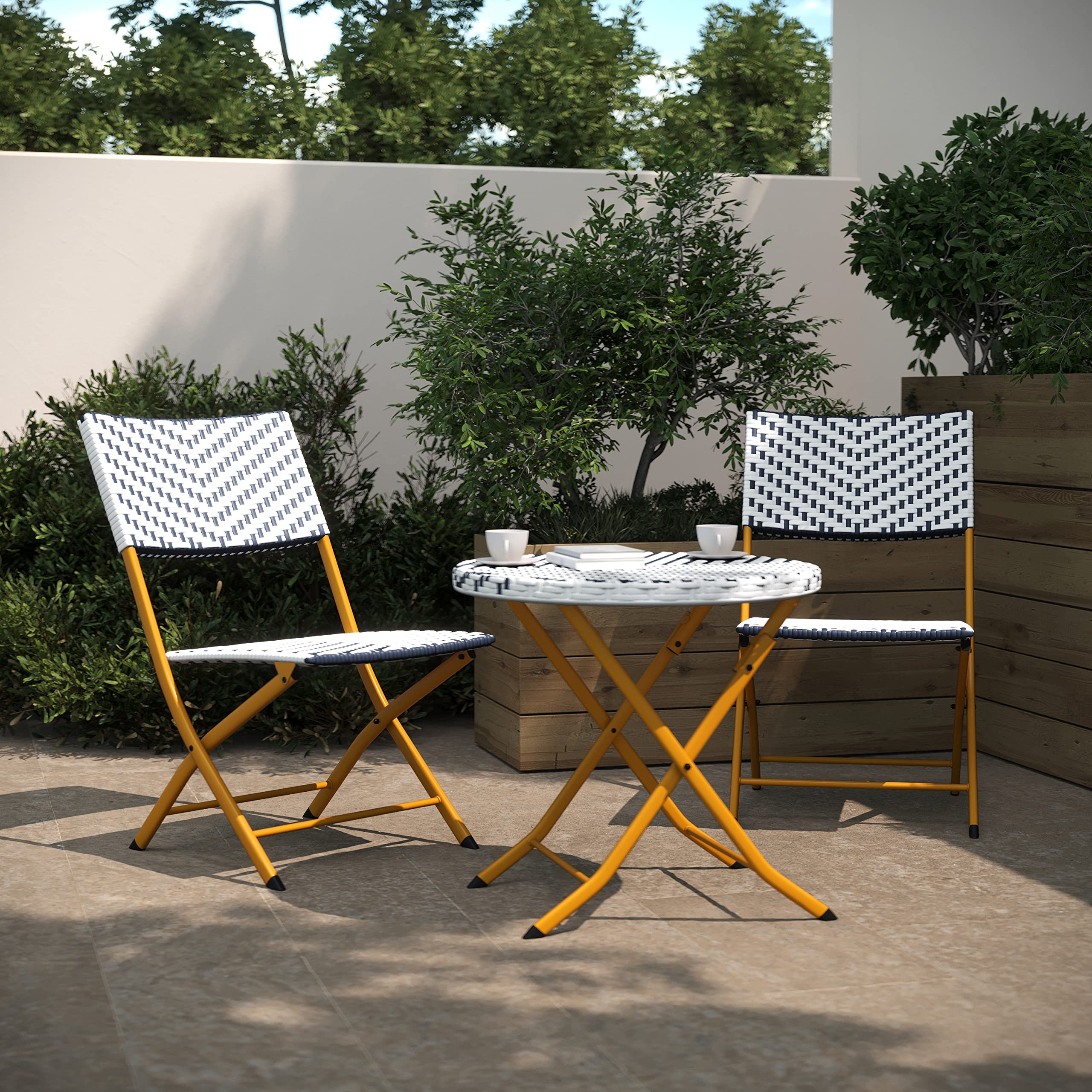 Flash Furniture Rouen Commercial Grade Folding Bistro Set - 3 Piece Indoor/Outdoor PE Rattan Table with Navy/White Cushions & Natural Steel Frame | Perfect for Patio, Garden, Cafe, Restaurant Outdoor Dining