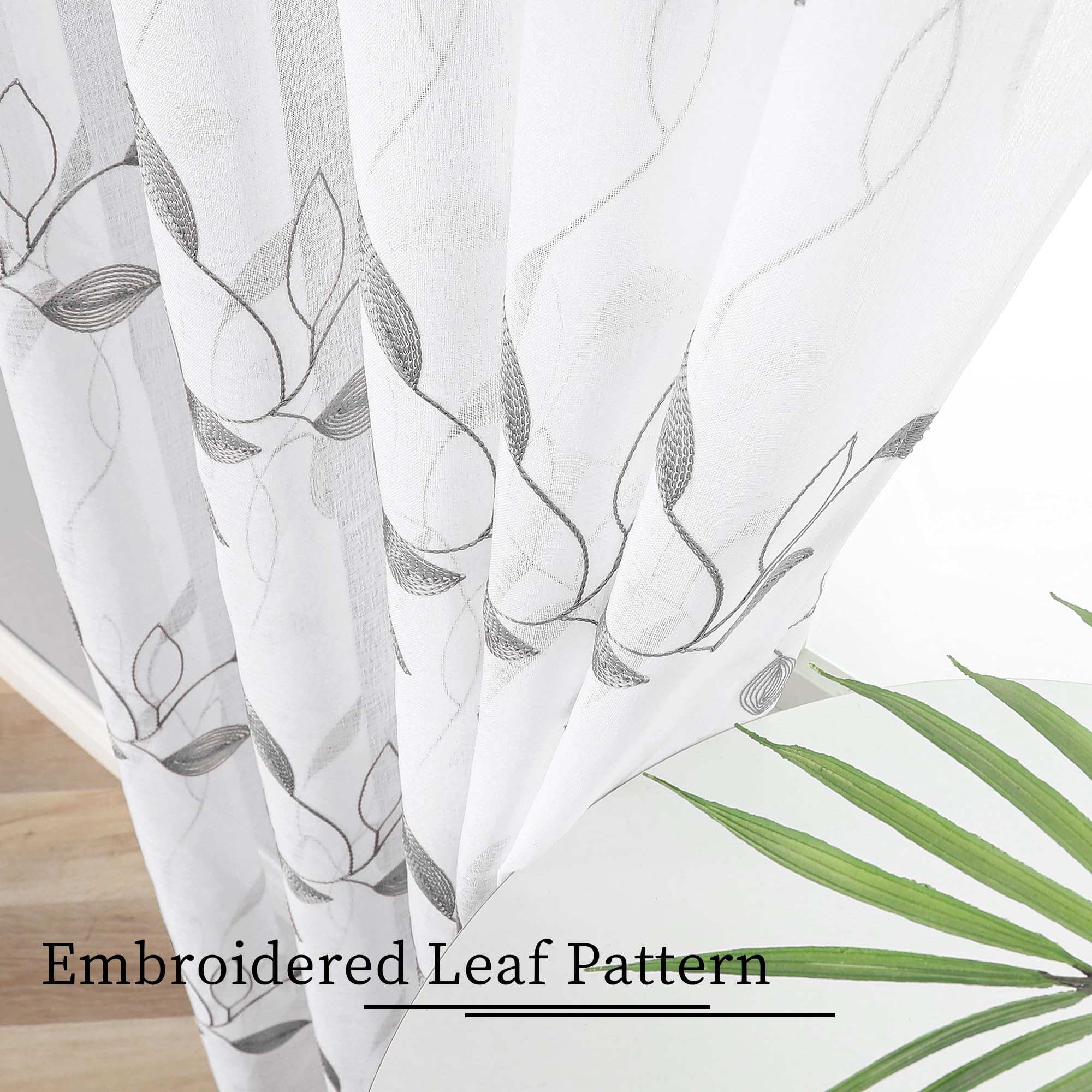 Grey Leaf Sheer Tier Curtains - Embroidered Voile Kitchen & Bathroom Window Panels with Rod Pocket, 30 x 24 Inches, Set of 2 - Perfect for Home, Cafe, and Office Decor