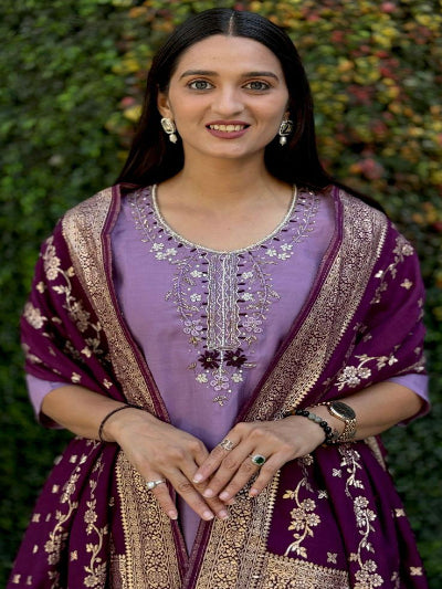 Lavender Roman Silk Straight Suit with Burgundy Jacquard Dupatta - Elegant Indian Ethnic Wear for Weddings & Festive Occasions