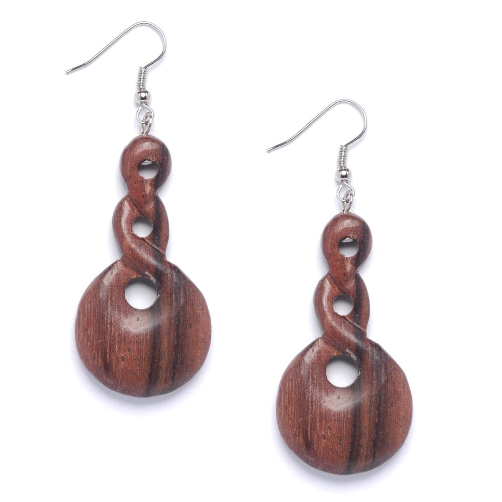 925 Sterling Silver Wood Double Twist Pikorua Earrings for Women - Natural Brown Boho Drop Earrings - Handmade Wooden Jewelry Gift for Her - Perfect for Casual Wear, Office & Special Occasions
