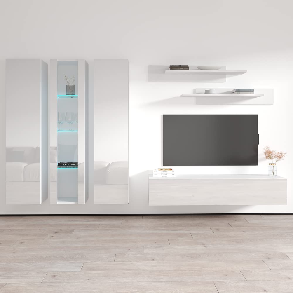 Modern White Floating TV Stand with Storage & LED Lights - Wall-Mounted Entertainment Center for Bedroom & Living Room - Space-Saving TV Console with Shelves for Gaming & Home Theater Setup