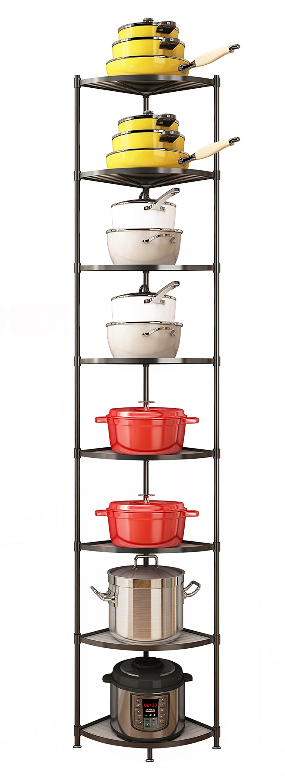 8-Tier Kitchen Pot Rack Organizer - Heavy Duty Metal Cookware Stand with Multi-Layer Storage Shelves for Pots, Pans & Utensils - Space Saving Corner Shelf for Small Kitchen Organization & Storage Solutions
