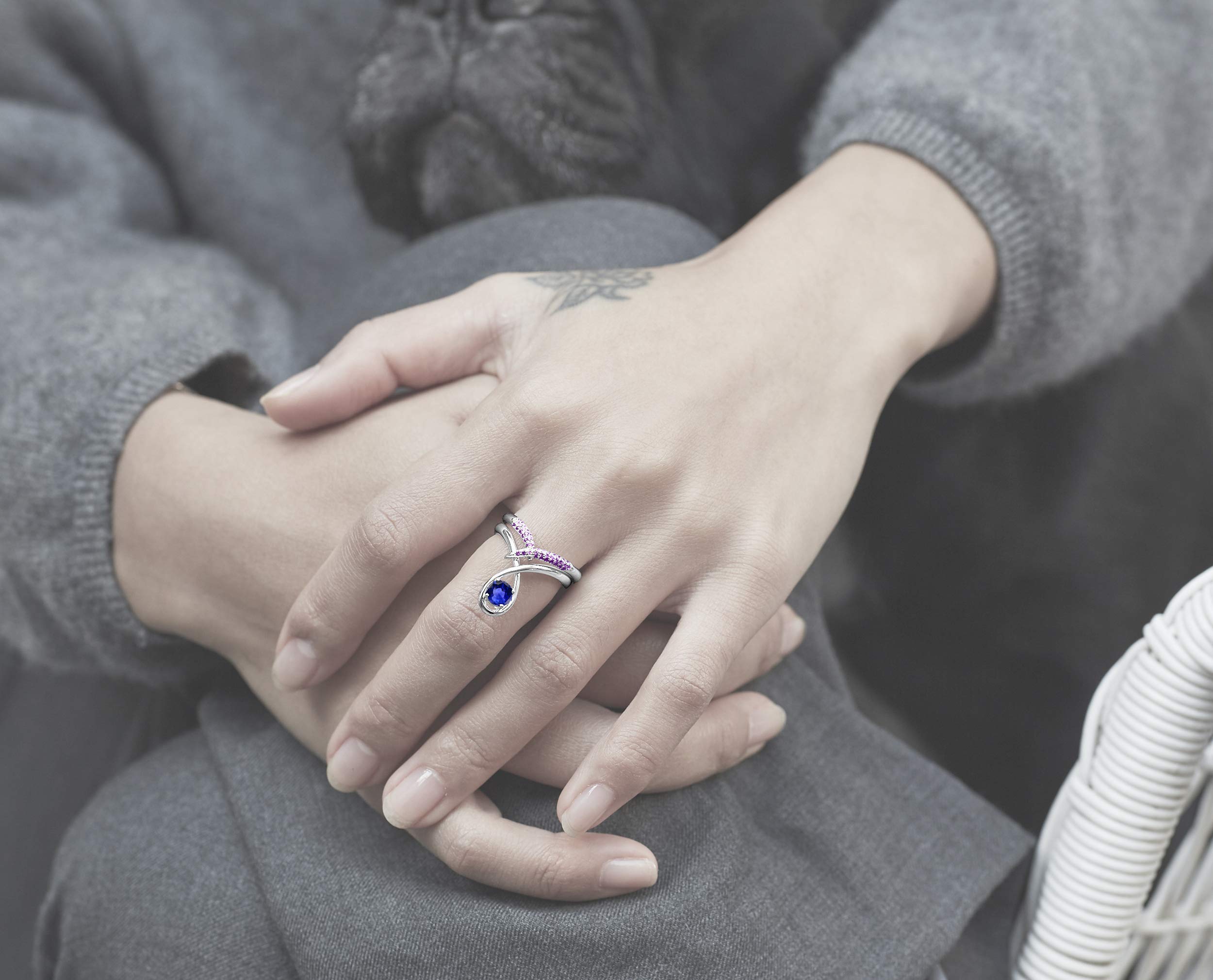 Majade Blue Sapphire & Amethyst Engagement Ring Set - 14K White Gold Handmade Wedding Band, Diamond Alternative for Unique Bridal Jewelry | Perfect for Proposals, Anniversaries & Romantic Occasions