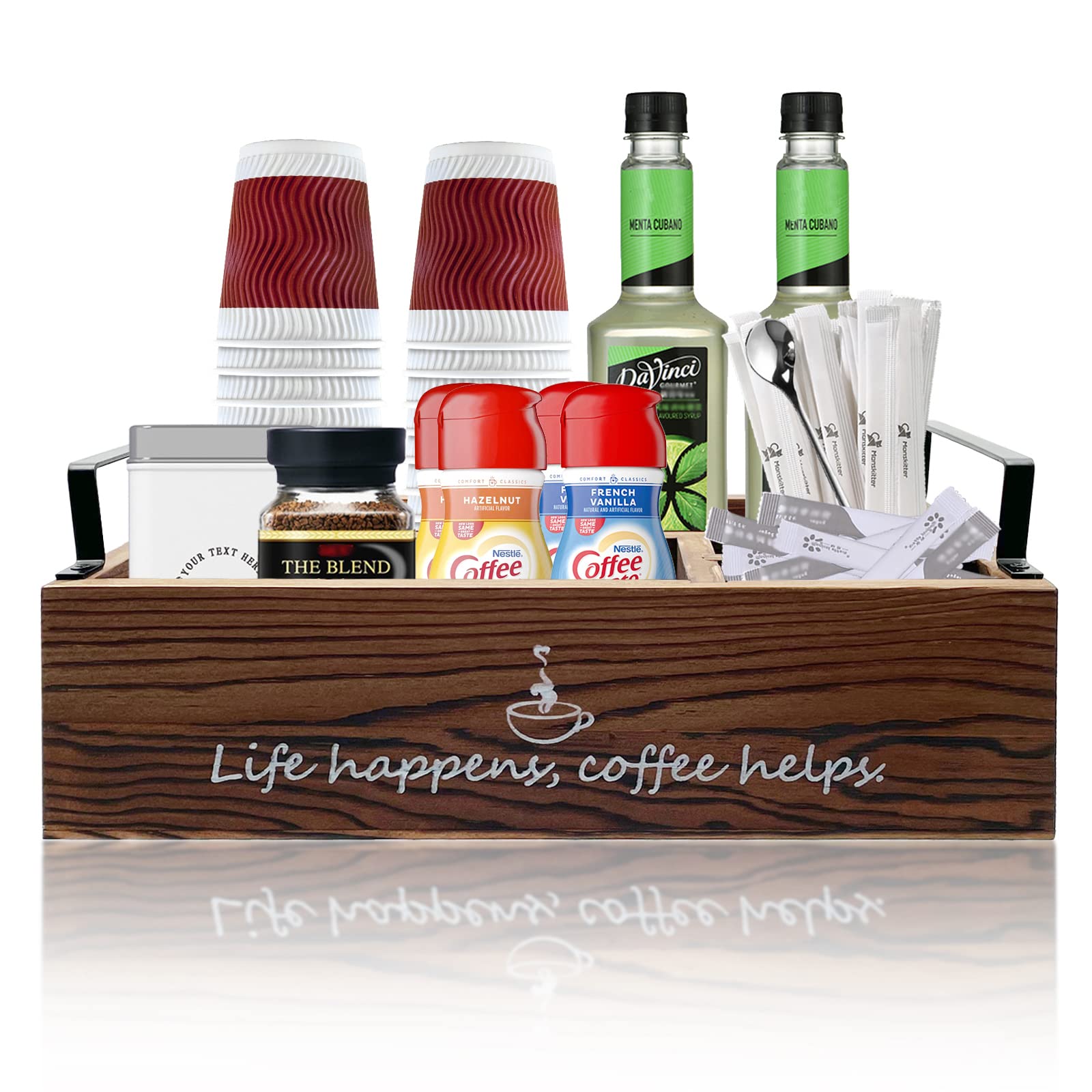 Farmhouse Coffee Station Organizer - Rustic Bar Decor with Handles, Keurig K-Cup Pods Holder, Creamer & Paper Cup Dispenser - Perfect for Kitchen Counter, Office Breakroom & Coffee Shop (Brown)