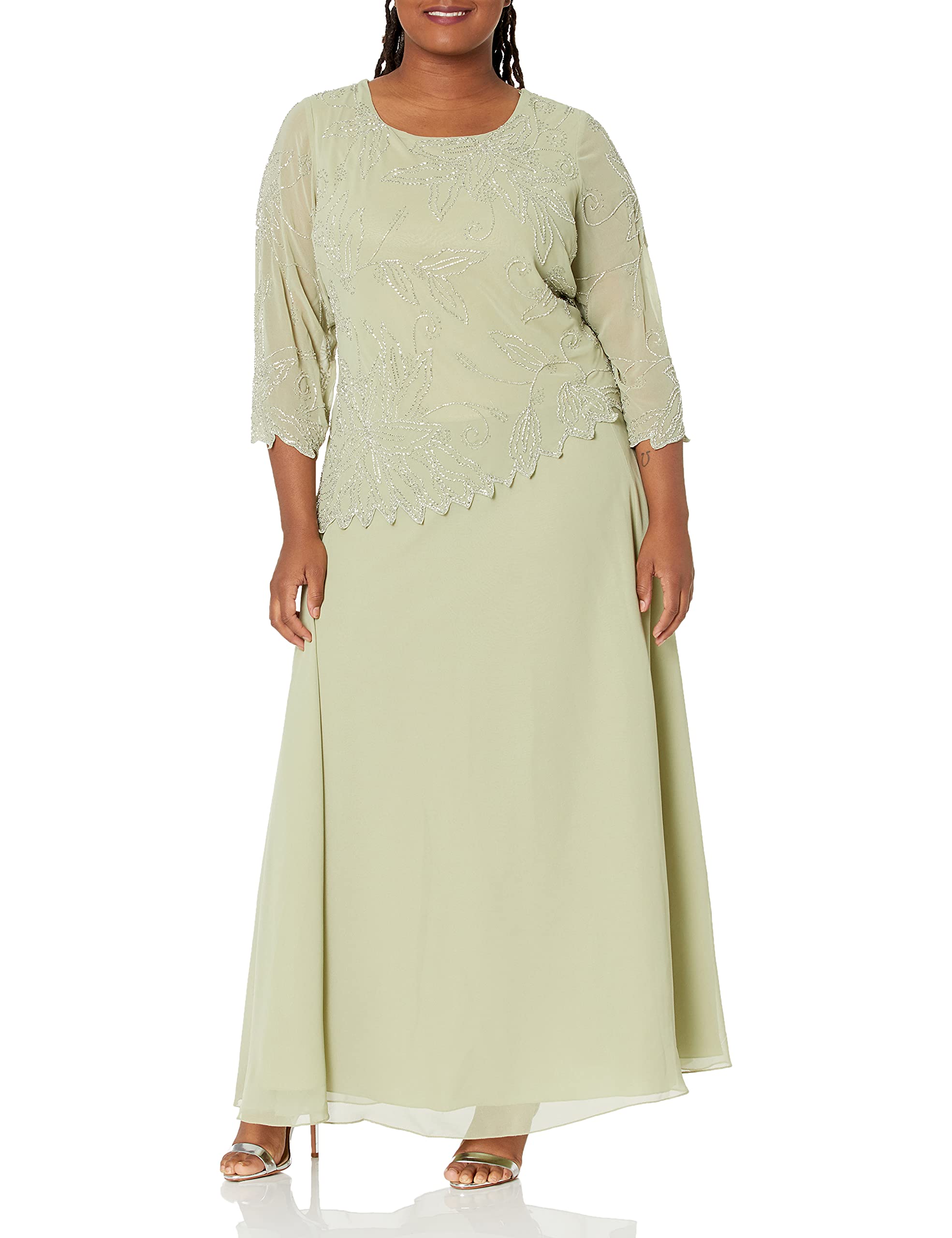 J Kara Plus Size Women's Sheer Sleeve Floral Beaded Long Dress for Evening Party, Wedding Guest & Special Occasions