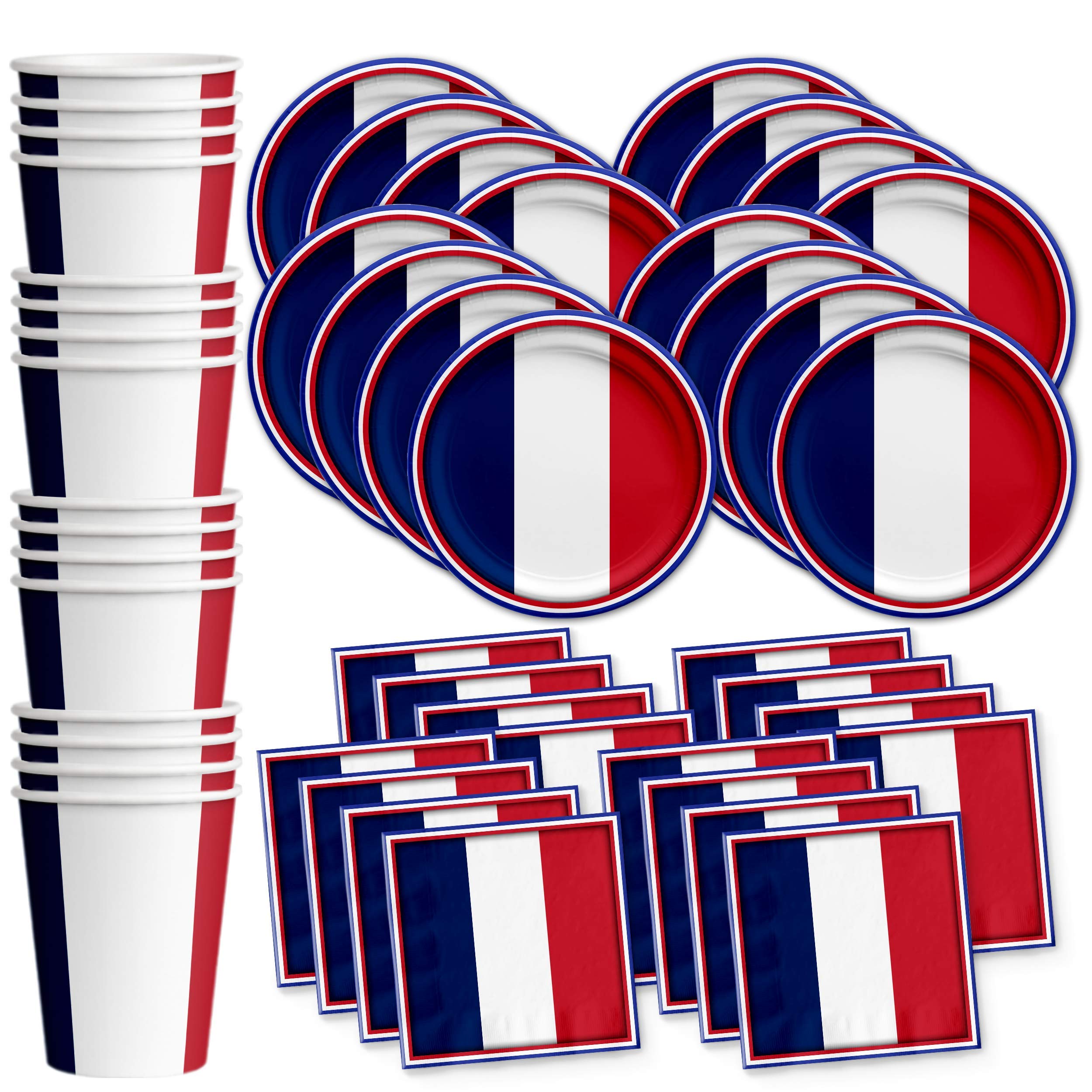 French Flag Themed Birthday Party Supplies Set - 16-Piece Tableware Kit with Plates, Napkins & Cups for Patriotic Celebrations & National Day Events
