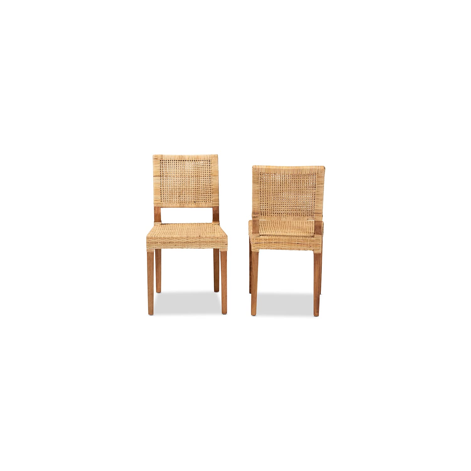Baxton Studio Lesia Modern Bohemian Rattan Dining Chairs - Set of 2 Natural Brown Woven Rattan with Walnut Wood Frame - Perfect for Boho Kitchen, Breakfast Nook & Outdoor Patio Dining