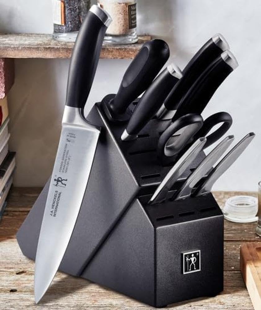 HENCKELS German Forged Stainless Steel 10-Piece Knife Block Set - Ultra Sharp Professional Chef Knives with Wooden Block, Dishwasher Safe Kitchen Cutlery Set (Black) - Perfect for Home Cooking, Restaurant Use & Gift Giving