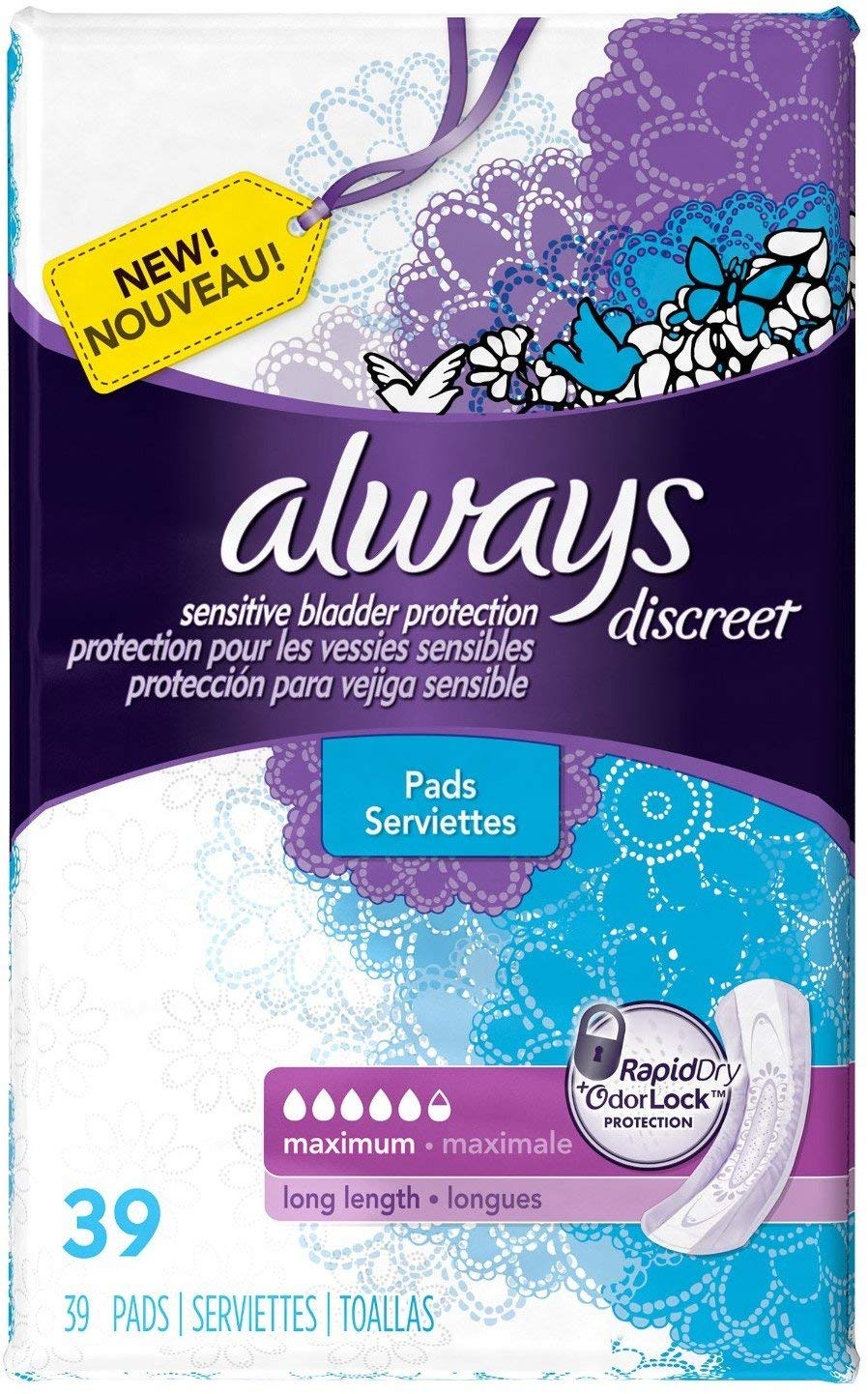 Always Discreet Incontinence Maximum Absorbency Pads for Women - 39 Count (Pack of 10) - Ultra Thin & Odor Control - Ideal for Overnight Protection & Active Lifestyle