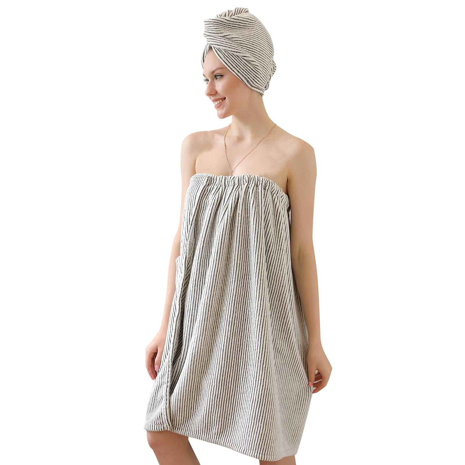 AYAIM Spa Body Towel Wrap with Hair Towel - Super Soft Lightweight Bathrobe for Women - Velcro Closure Shower Cover Up - Perfect for Spa, Beach & Pool (Stripe)