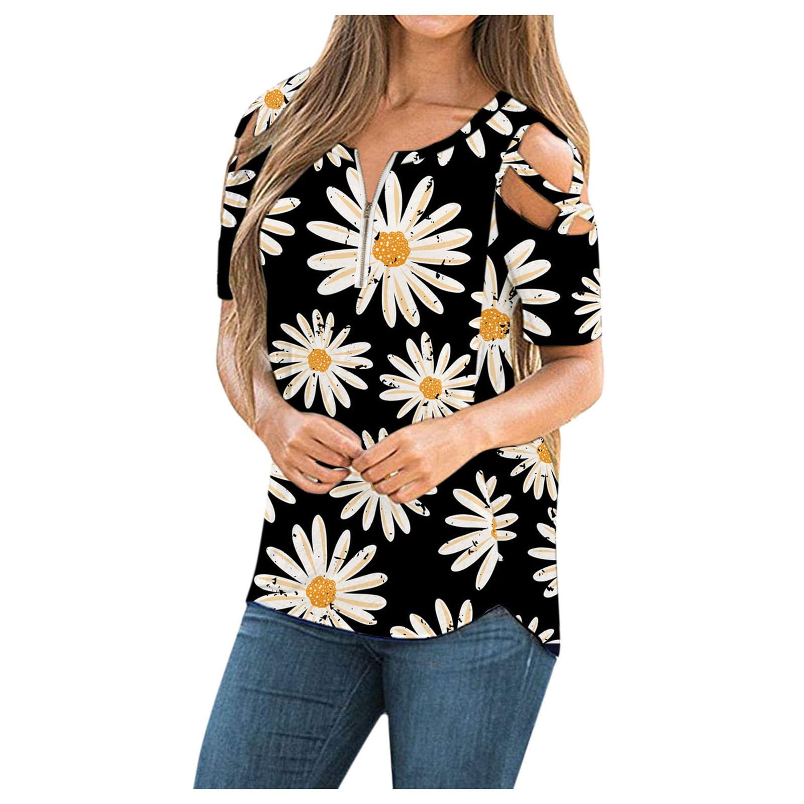 Women's Casual Loose Strappy Cold Shoulder O-Neck Zipper Top Blouse - Breathable Summer Shirt for Women, Perfect for Spring Outings, Beach Vacations & Daily Wear