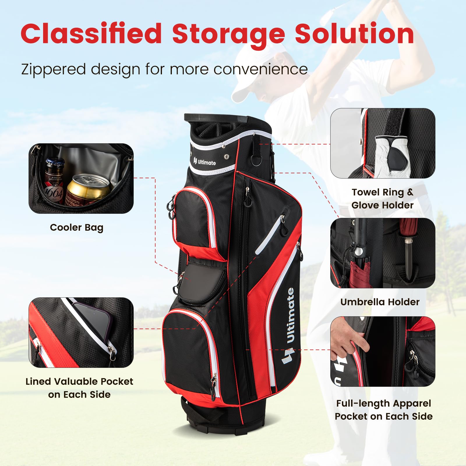 **Goplus 14-Way Golf Cart Bag with 9 Zippered Pockets, Cooler Bag & Rain Hood - Lightweight Golf Club Bag for Men & Women - Perfect for Golf Courses & Tournaments**