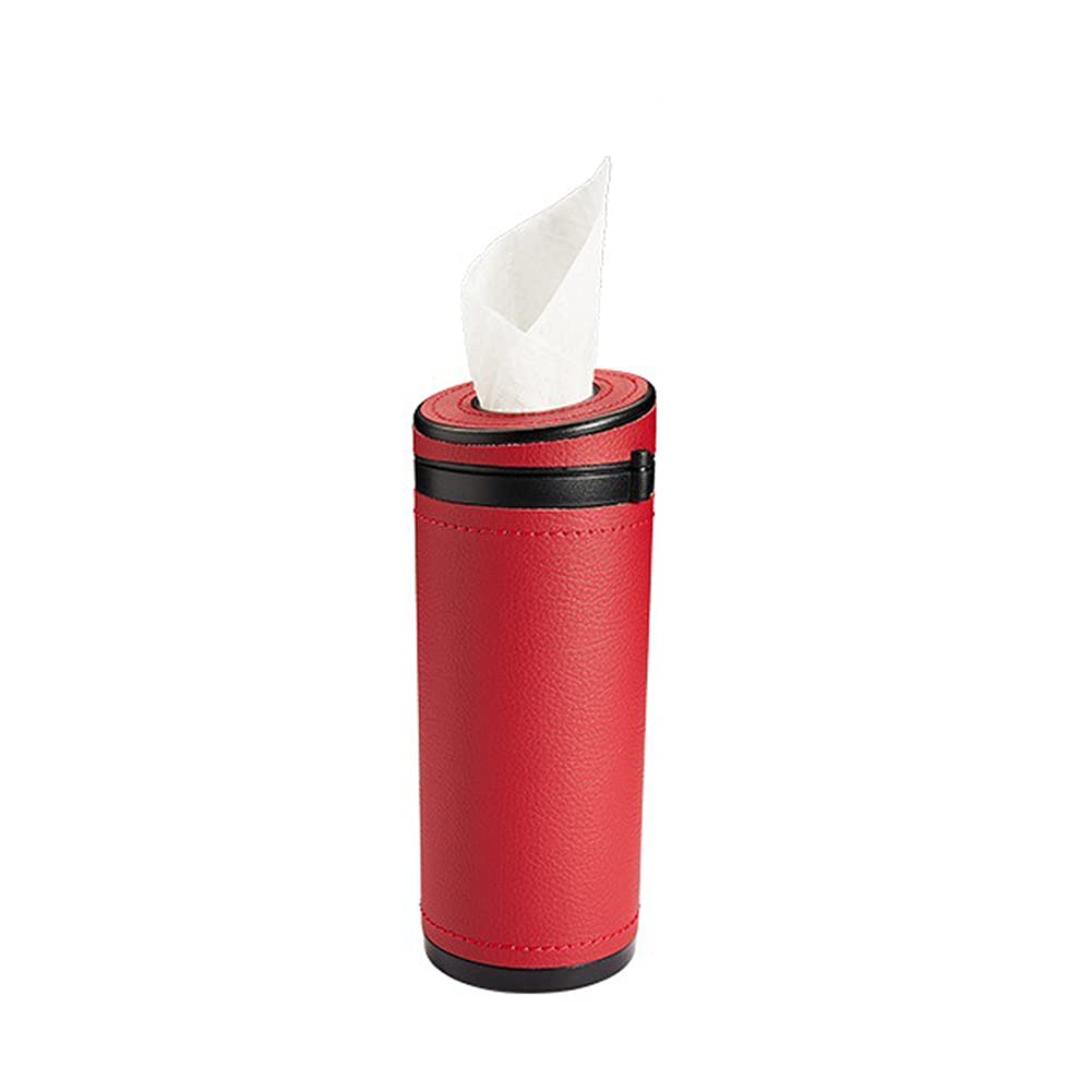 PU Leather Cylinder Tissue Box Holder - Portable Napkin Dispenser for Car Cup Holder, Office & Home - Red | Compact Facial Tissue Case for Desks, Cars & Travel