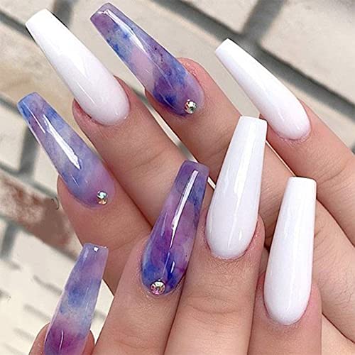Yisowank 24Pcs Long Coffin Press on Nails - Marble Design Glossy Fake Nails for Women | Ballerina Style Full Cover False Nails | Purple & White Manicure Set | Perfect for Parties, Weddings & Special Occasions