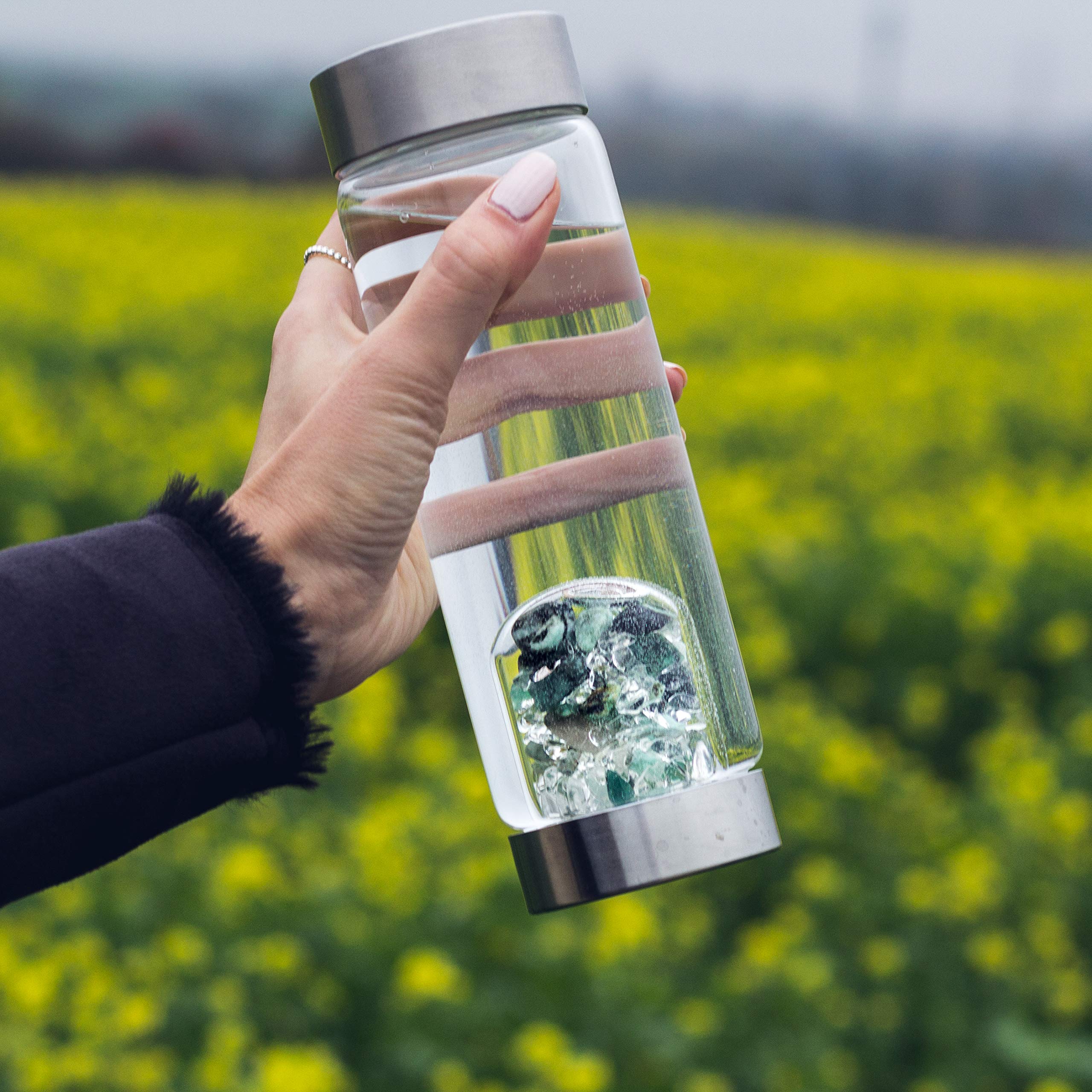 VitaJuwel ViA VITALITY Crystal Water Bottle with Emerald & Clear Quartz - Energy Infused Water for Hydration, Detox & Wellness | Perfect for Yoga, Meditation & Daily Fitness Routine