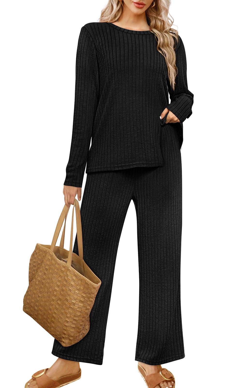 WIHOLL Women's Two Piece Lounge Set - Cozy Sweater & Pants Loungewear with Pockets | Soft Casual Outfit for Home, Yoga & Relaxation