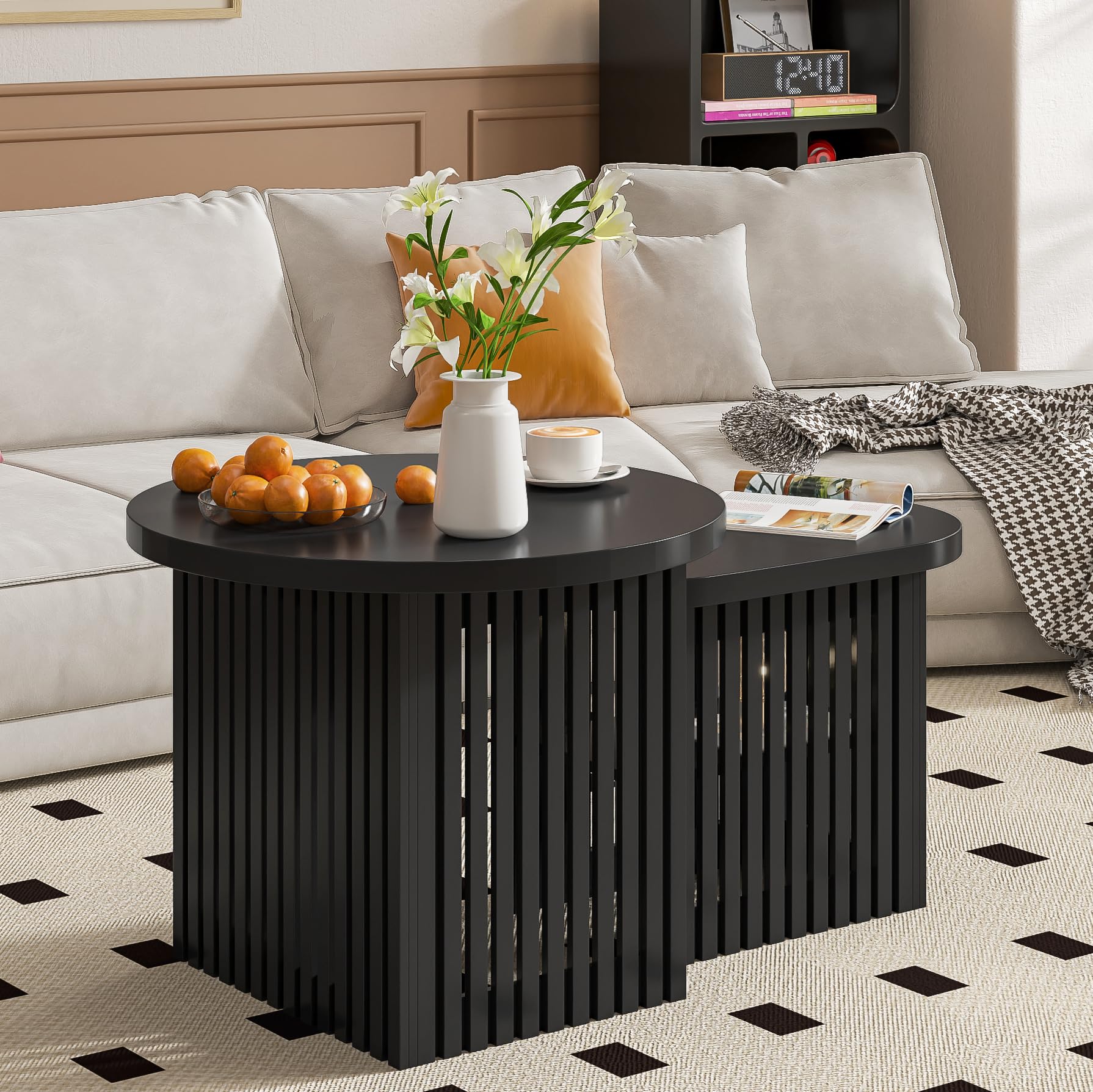 Modern Round Nesting Coffee Table Set of 2 - Fluted Panel Design with Storage Shelf - Living Room Side Tables for Small Spaces (Black) - Perfect for Coffee, Books & Decor in Apartments and Condos
