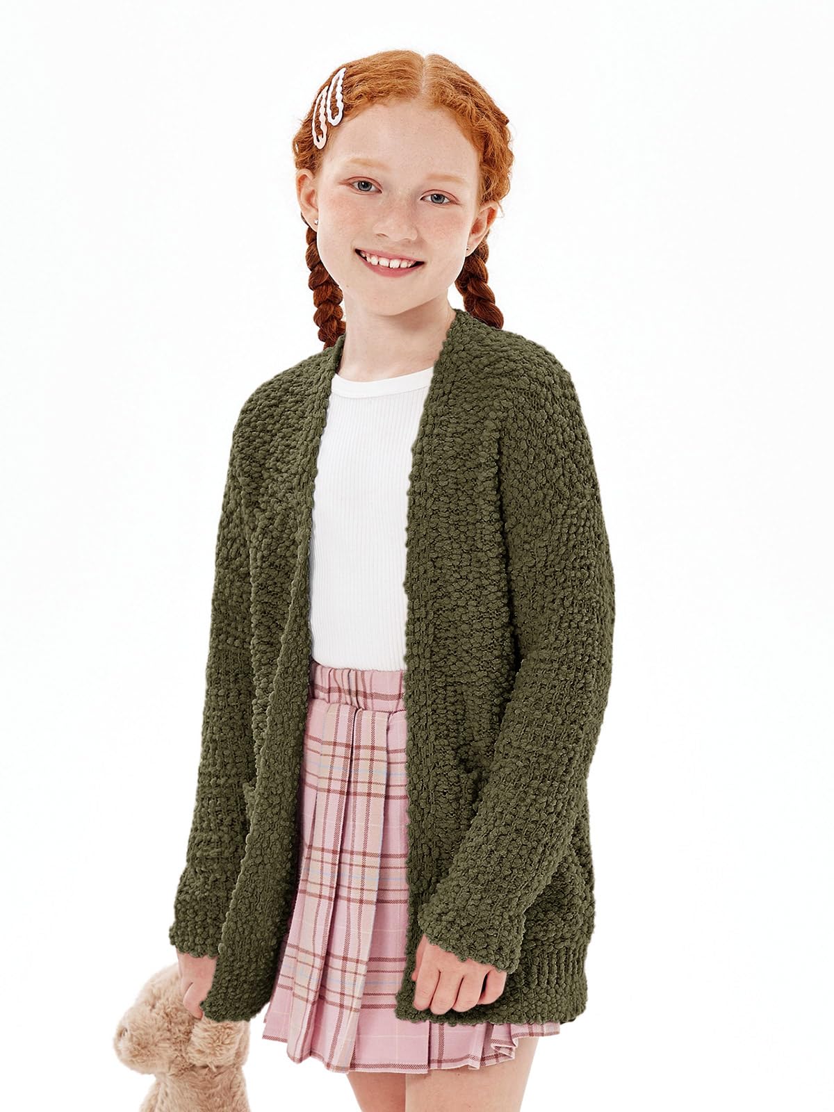 Imily Bela Girls Cardigan Sweater - Open Front Popcorn Knit Long Sleeve Coat with Pockets | Cute & Cozy Fall Winter Outfit for School, Playdates & Family Photos