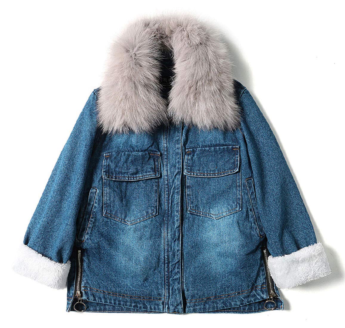 Women's Distressed Denim Jacket with Faux Fur Collar & Fleece Lining - Stylish Winter Coat for Casual Outfits, Streetwear & Cold Weather Fashion