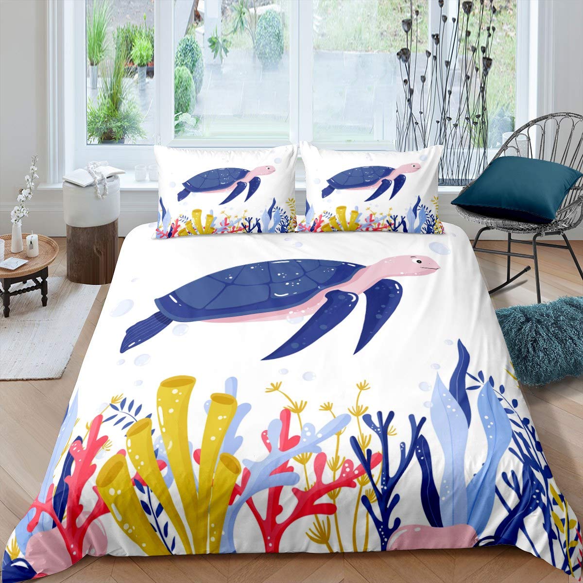 Sea Turtle Bedding Set for Kids - Cartoon Reptile Printed Comforter Cover, Ocean Marine Duvet Cover with Underwater Animal Pattern (2Pcs Twin Size + 1 Pillow Case) - Perfect for Kids' Room Decor & Beach Themed Bedrooms