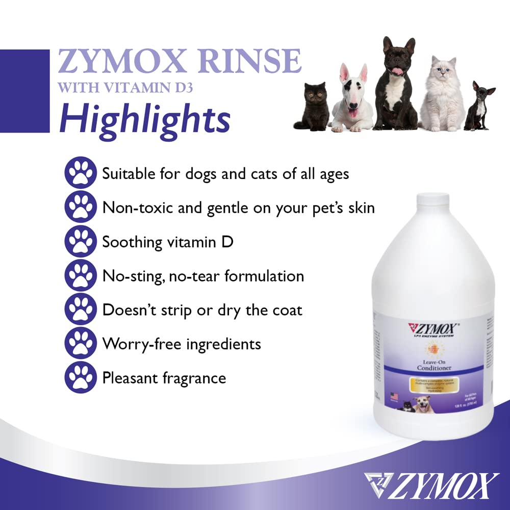 ZYMOX Leave-in Conditioner with Vitamin D3 for Cats & Dogs - 1 Gallon | Hydrating Pet Coat Treatment for Dry Skin & Itch Relief | Perfect for Grooming, Bathing & Daily Fur Care