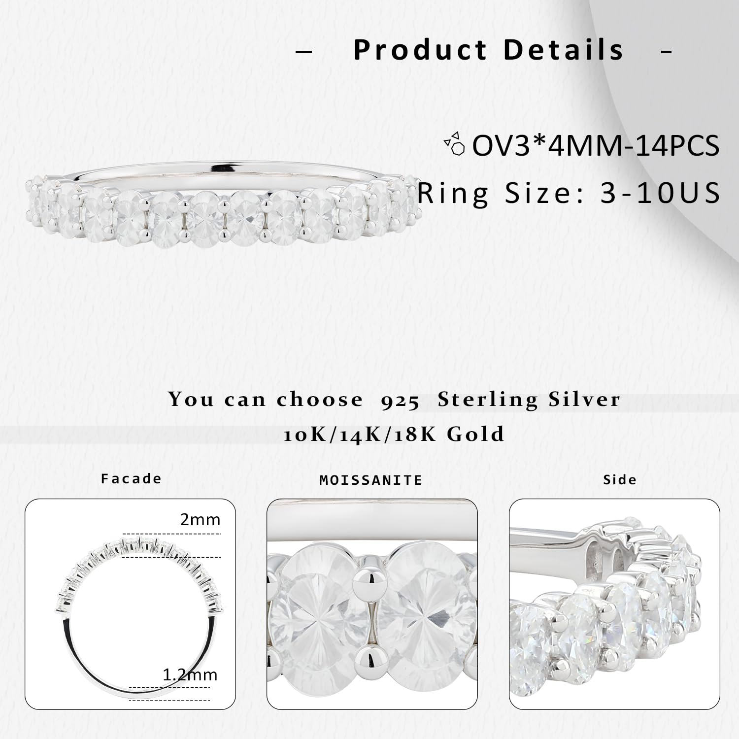Moissanite Wedding Band for Women - 925 Sterling Silver Half Eternity Engagement Ring | Stackable Promise Ring | Size 3-10 | Perfect for Bridal Sets, Anniversary Gifts & Everyday Elegance