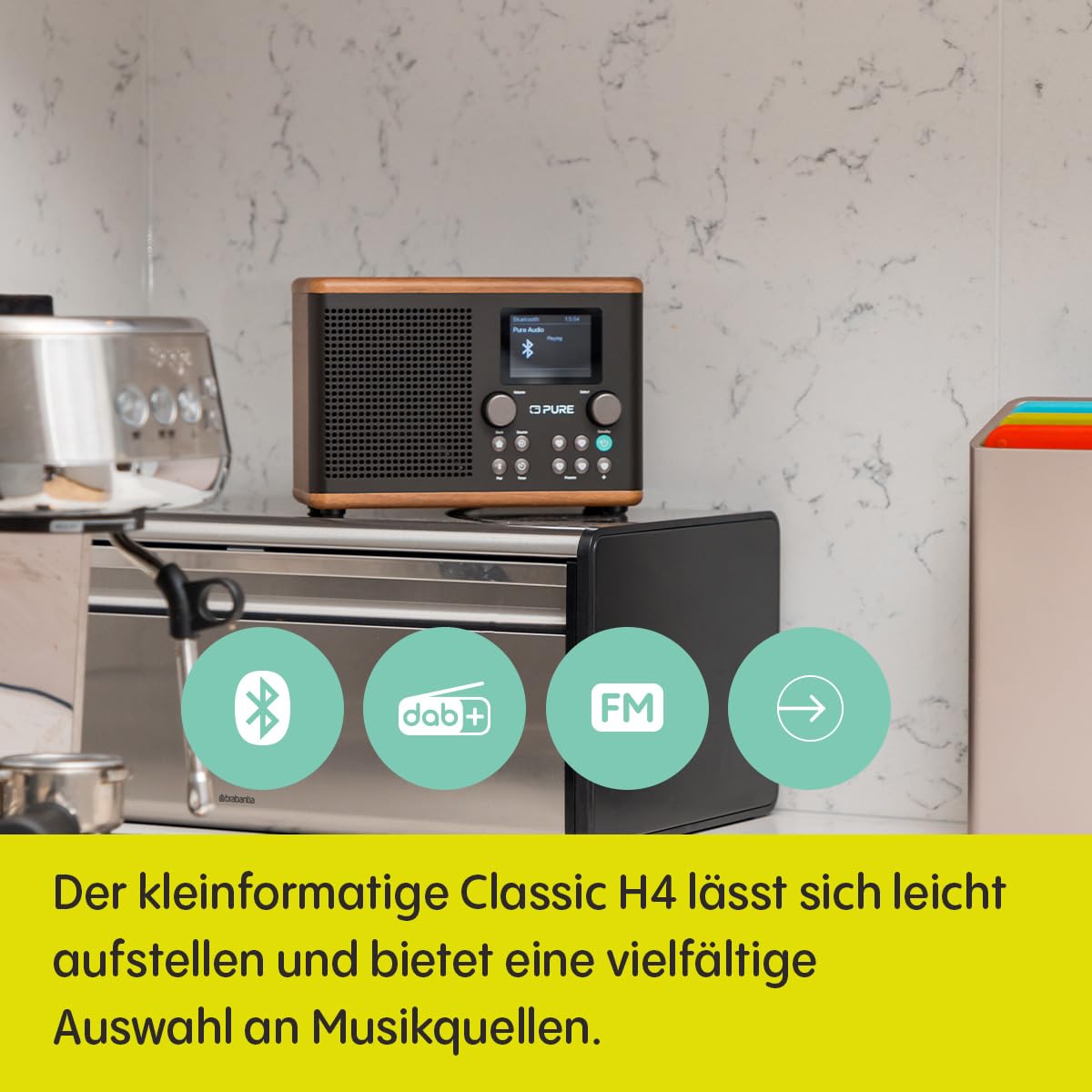 Pure Classic H4 Digital Kitchen Radio with Dab+/FM, Bluetooth, USB & AUX - Kitchen Timer & Alarm Clock - Black Coffee/Walnut Finish - Perfect for Cooking, Baking & Morning Routines