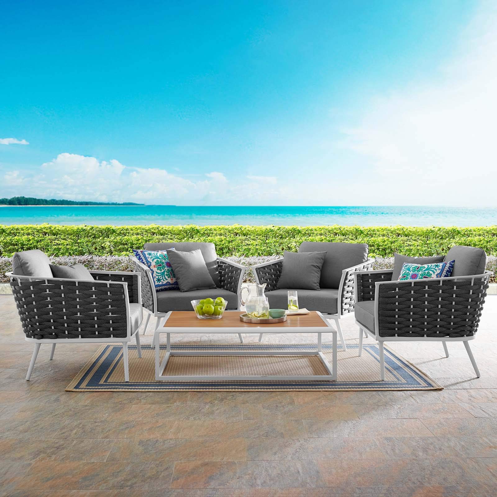 Modern Contemporary Outdoor Patio Furniture Set - Aluminum Frame with White & Gray Fabric Cushions - Includes Chair, Sofa & Table - Perfect for Garden, Poolside & Backyard Relaxation