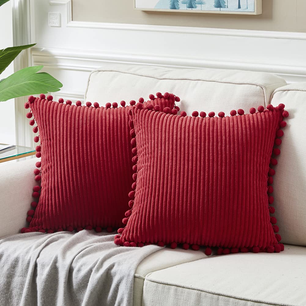 2 Pack Christmas Burgundy Decorative Throw Pillow Covers 18x18 Inch (45x45 cm) - Soft Corduroy Square Cushion Cases with Pom Poms for Couch, Bed & Living Room - Festive Holiday Home Decor for Xmas Tree & Fireplace Settings