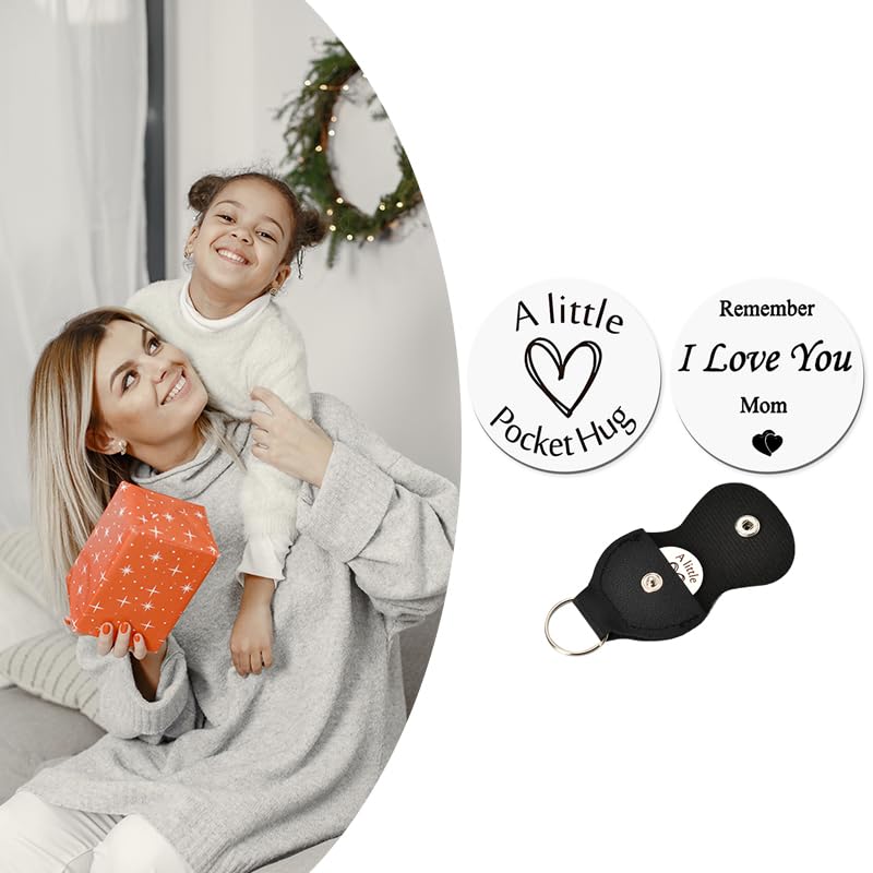 Pocket Hug Token Keychain - Double Sided Keepsake Gift for Mom, Women - Mother's Day, Birthday, Long Distance Relationship Gift from Daughter or Son - PU Leather Keychain for Comfort & Connection (Perfect for Travel, Work, or Daily Reminder of Love)