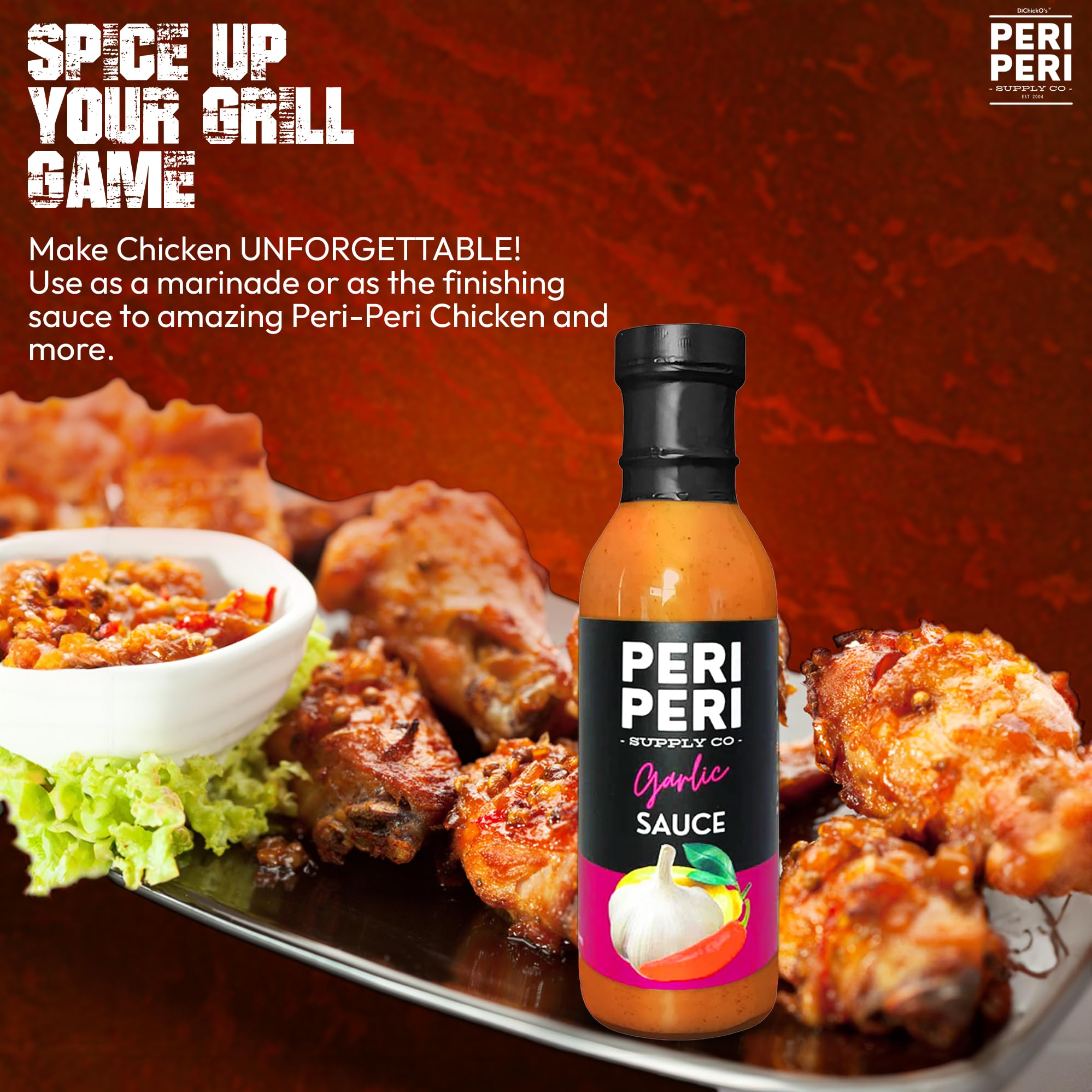 DiChickO's Peri-Peri Garlic Hot Sauce - 12 fl oz Vegan Piri Piri Sauce Bottle - Tangy African Chili Sauce for Chicken Wings, Grilled Meats, French Fries & Seafood - Made in USA - Perfect for BBQ, Parties & Home Cooking