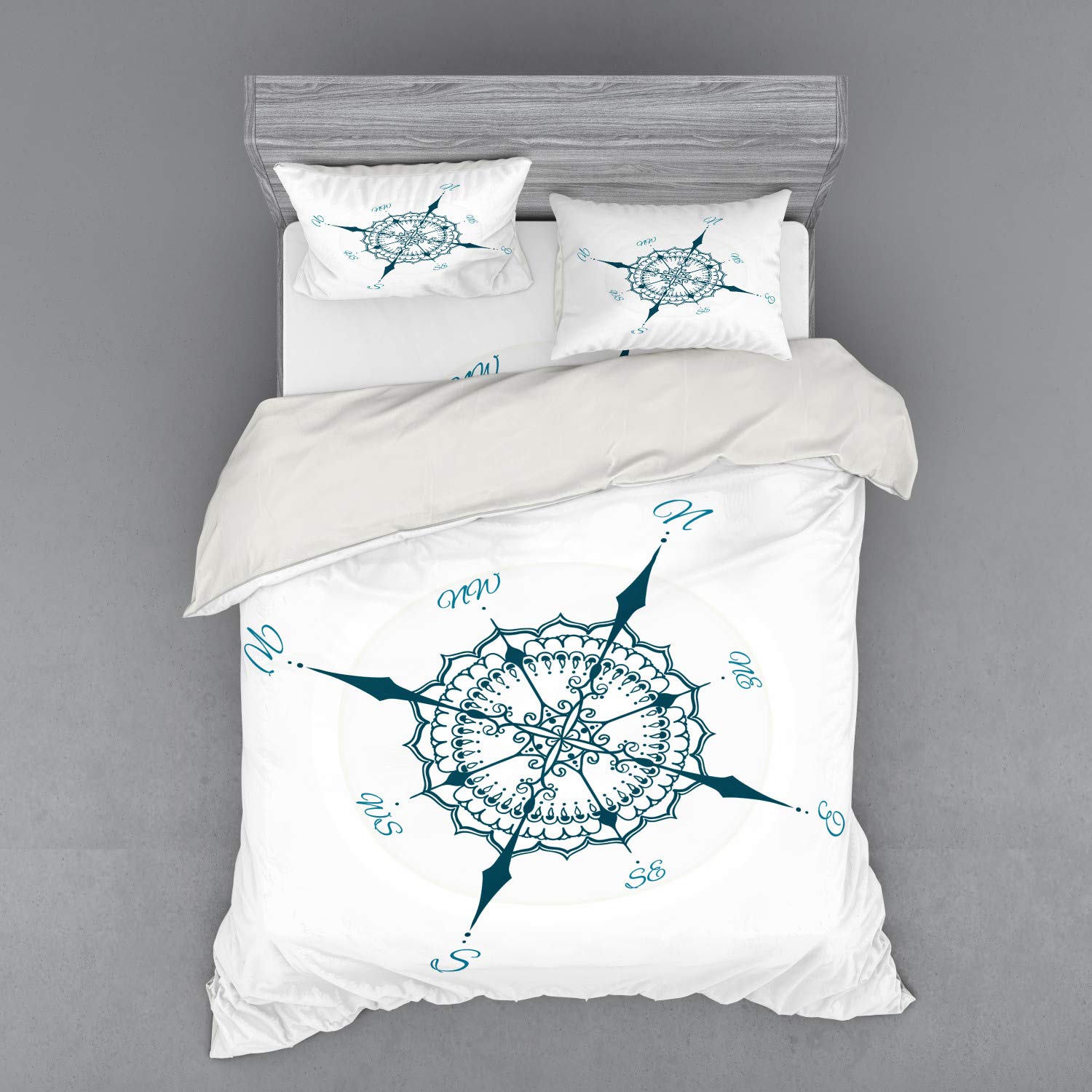 Ambesonne Compass Duvet Cover Set - Hand Drawn Windrose Floral Design, Nautical Theme 4-Piece Bedding Set with Shams & Fitted Sheet, Queen Size, Cream & Dark Green - Perfect for Coastal Bedrooms, Guest Rooms & Boat Enthusiasts