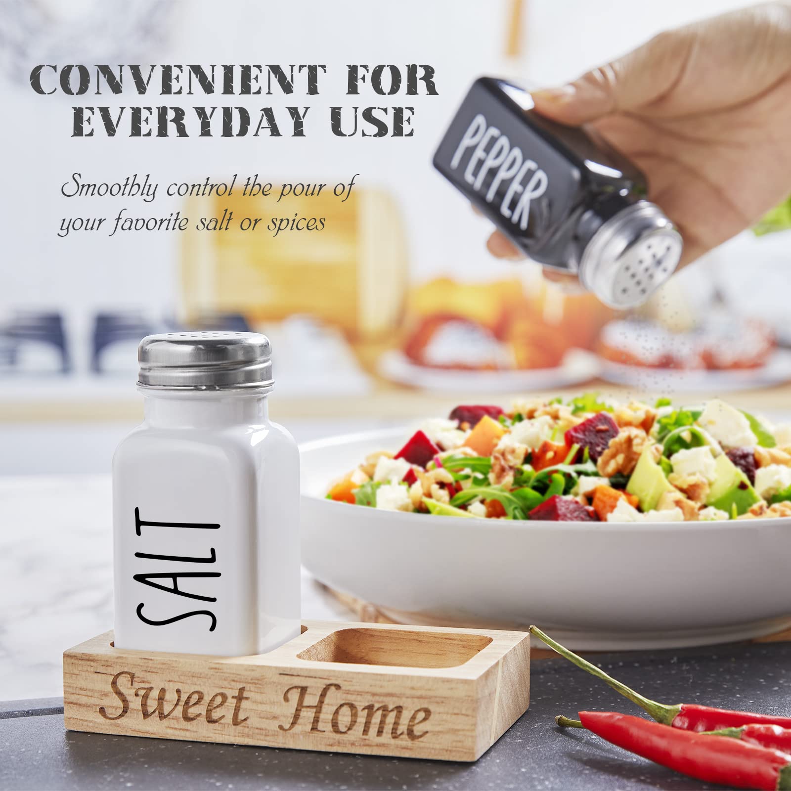 Premium Glass Salt and Pepper Shakers Set with Wooden Holder - 2.7 oz Black & White Kitchen Decor for Countertop or Dining Table - Ideal Wedding Gift & Housewarming Present - Perfect for Everyday Use, Dinner Parties, and Home Decor