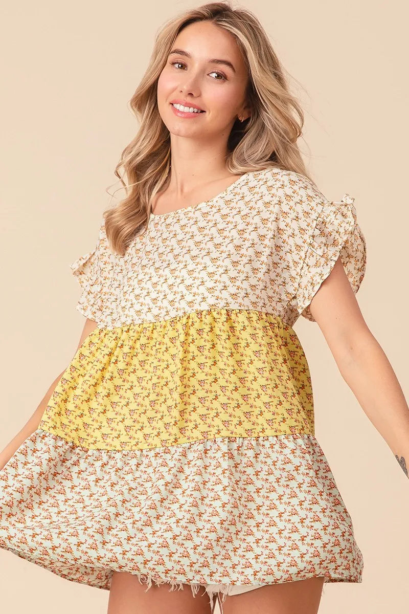 BiBi Floral Printed Woven Color Block Tiered Blouse - Women's Fashion Boho Chic Tunic Top for Casual Wear, Summer Outfits & Beach Vacations